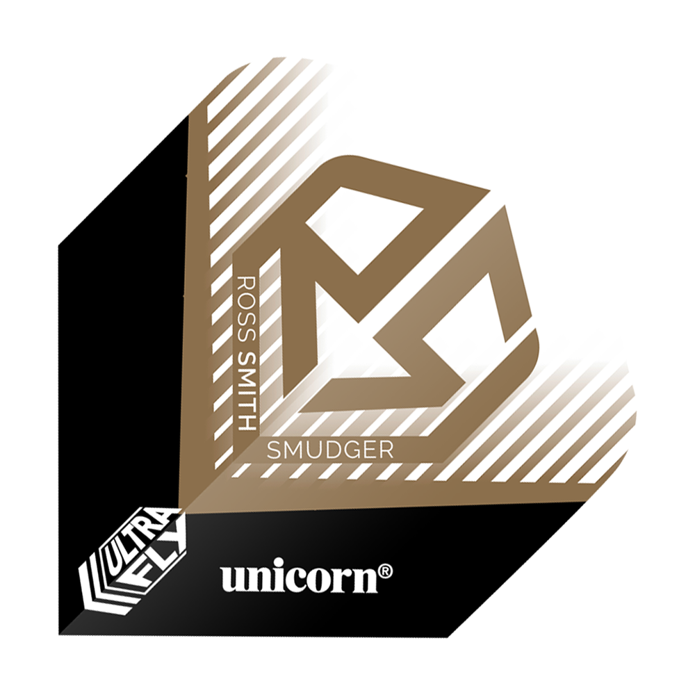 Letky Unicorn Ultrafly 100 Ross Smith Plus Das Bild zeigt ein Dartflight mit dem Namen "Unicorn Ultrafly 100 Ross Smith Plus Flights". Es ist in Schwarz, Weiß und Gold gestaltet und trägt den Namen "Ross Smith" sowie das Logo "Unicorn".
