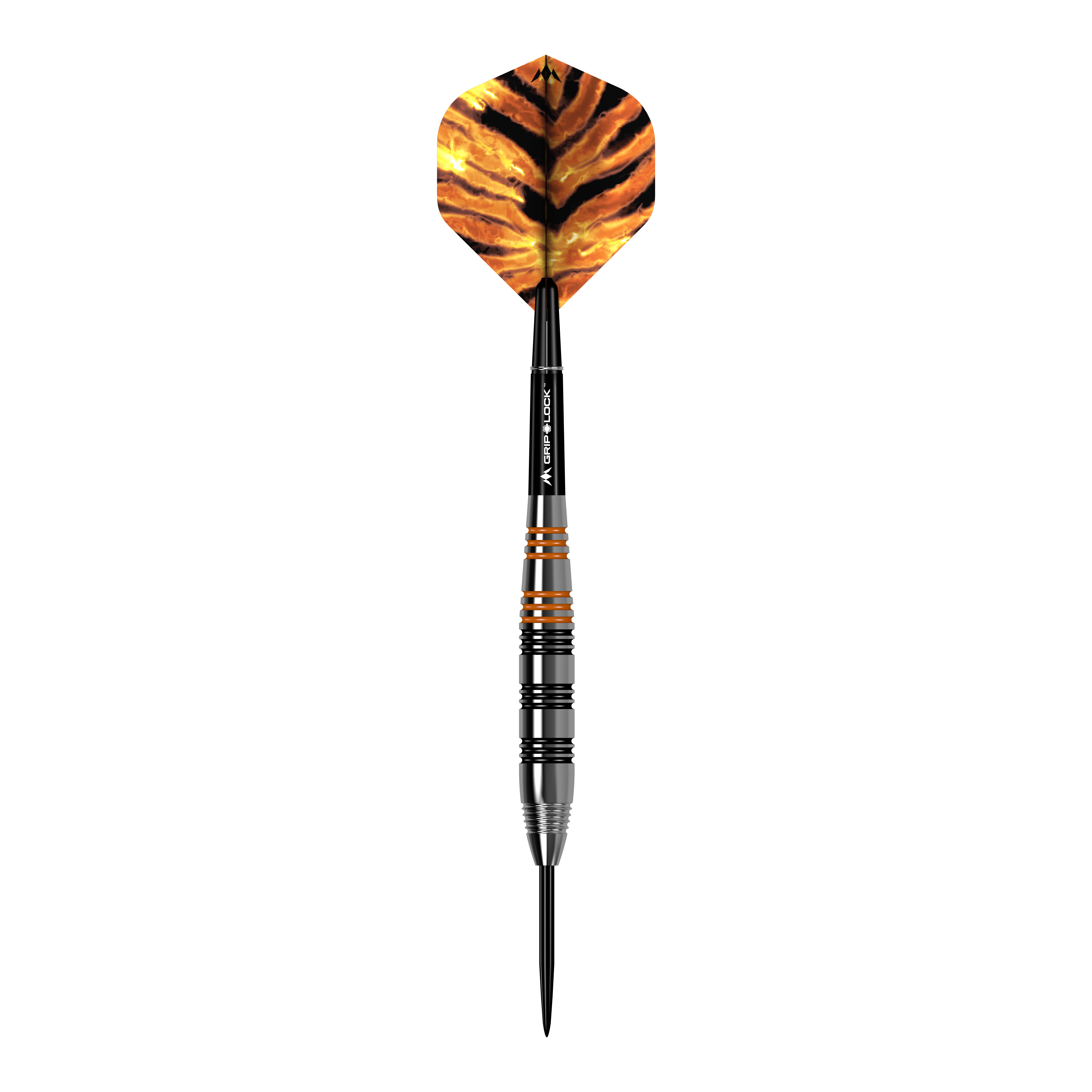 Šipky Mission Javan Brass Steel - 22g Das Bild zeigt einen Steeldart namens "Mission Javan Brass Steeldarts - 22g". Der Dart hat schwarze und orangefarbene Akzente sowie eine Flügel mit einem Tigerstreifenmuster.
