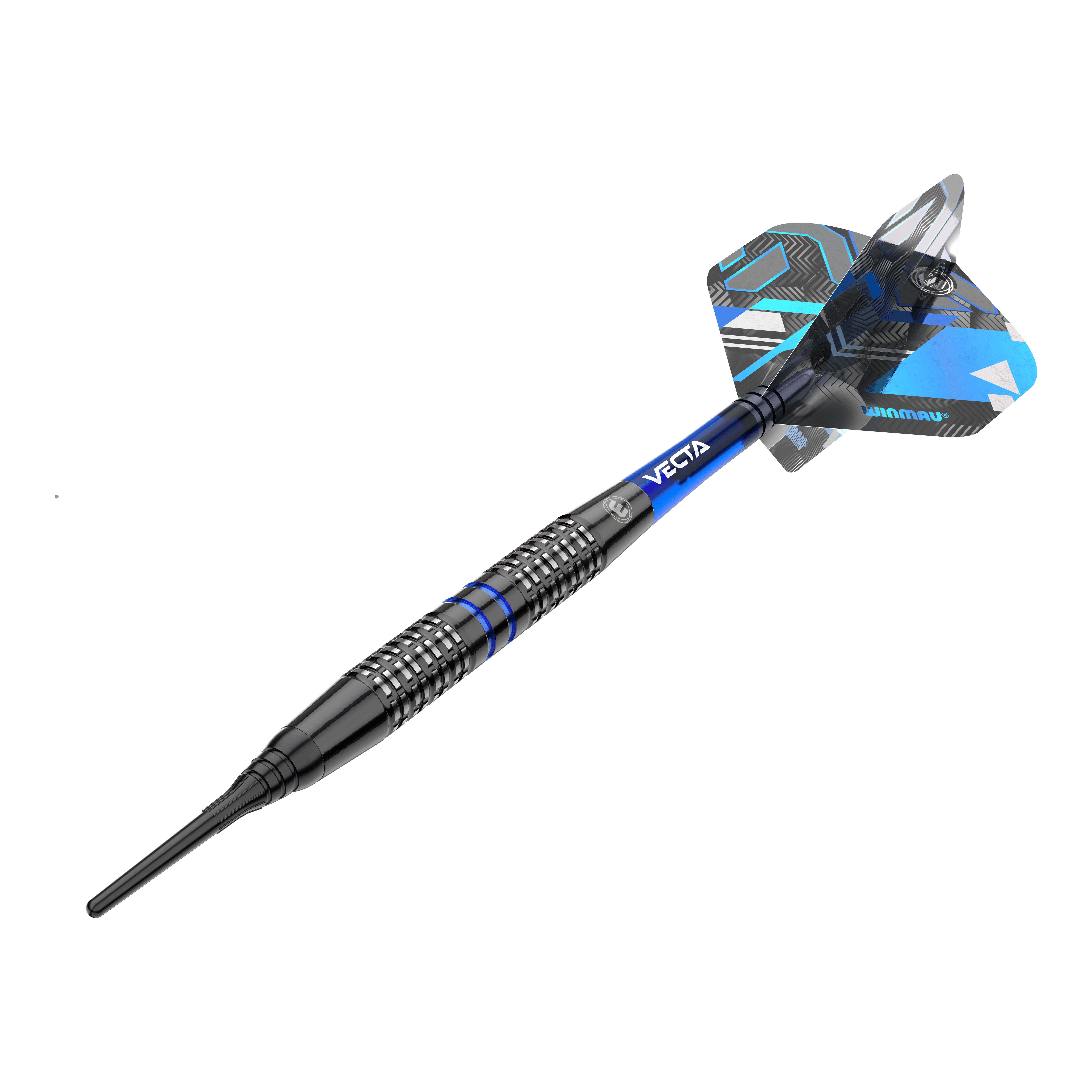 Měkké šipky Winmau Galactics - 20g Das Bild zeigt einen Winmau Galactics Softdart mit einem Gewicht von 20 Gramm. Der Dart ist überwiegend schwarz mit blauen Akzenten und verfügt über ein modernes Design.