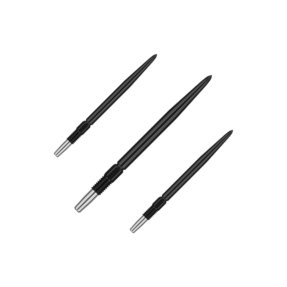 Zaměřte špičky šipek Swiss Point Black Das Bild zeigt drei schwarze Dartspitzen mit silbernen Gewinden. Sie sind nebeneinander auf grünem Hintergrund angeordnet.