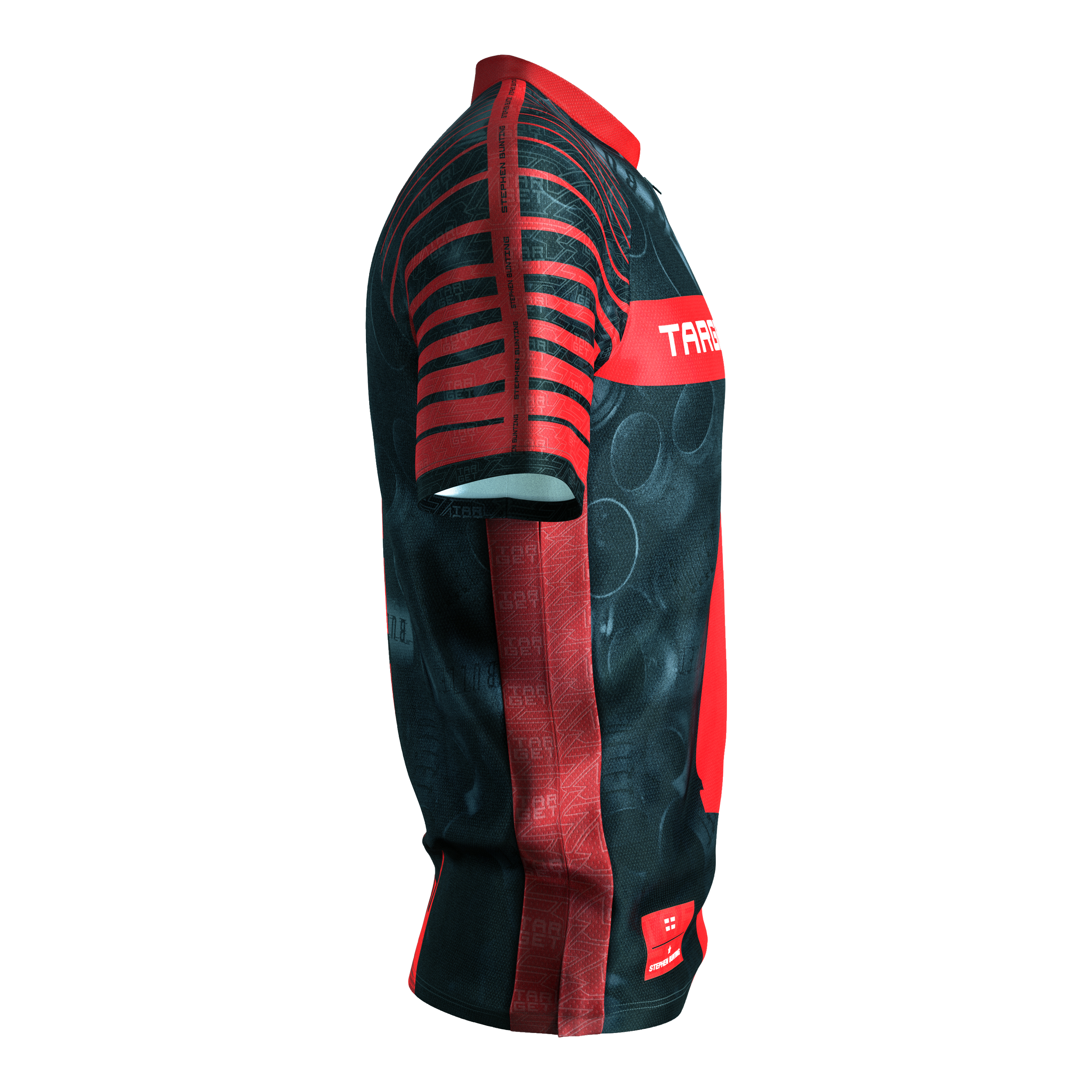 Tričko Target Coolplay Stephen Bunting 2025 s motivem šipky Das Bild zeigt das "Target Coolplay Stephen Bunting 2025 Dartshirt" aus seitlicher Perspektive. Das Shirt ist überwiegend schwarz mit auffälligen roten Streifen und Mustern.