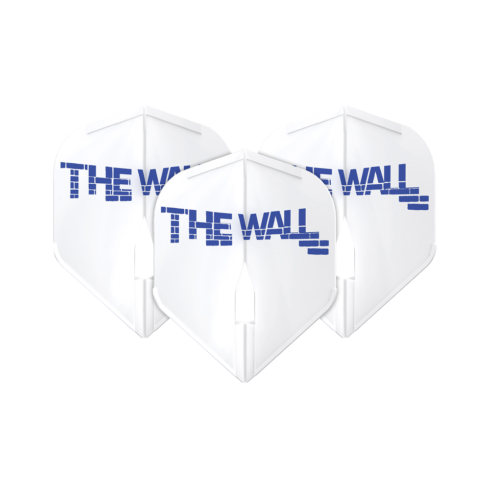 Das Bild zeigt drei weiße Dartflights mit der Aufschrift "THE WALL" in blauer Schrift. Die Flights sind das Modell "L-Style Martin Schindler Weiß L1PRO".