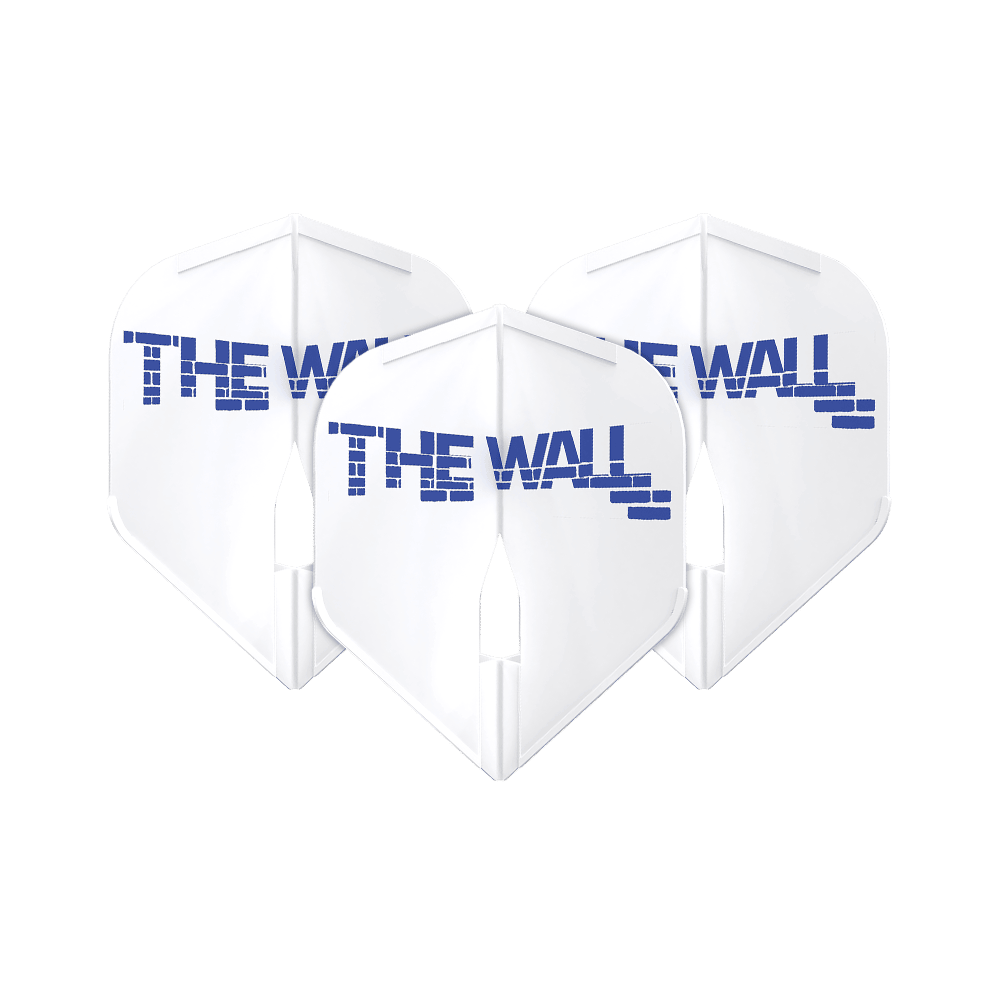 Letky Martin Schindler White L1PRO ve stylu L Das Bild zeigt drei weiße Dartflights mit der Aufschrift "THE WALL" in blauer Schrift. Die Flights sind das Modell "L-Style Martin Schindler Weiß L1PRO".