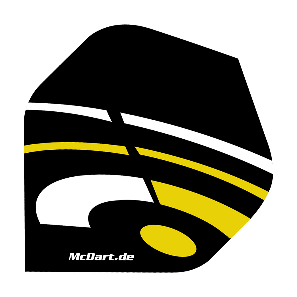 Standardní lety společnosti McDart ID – žluté Das Bild zeigt ein McDart ID Standard Flight in den Farben Schwarz, Gelb und Weiß. Auf dem Flight ist auch die Webseite "McDart.de" aufgedruckt.