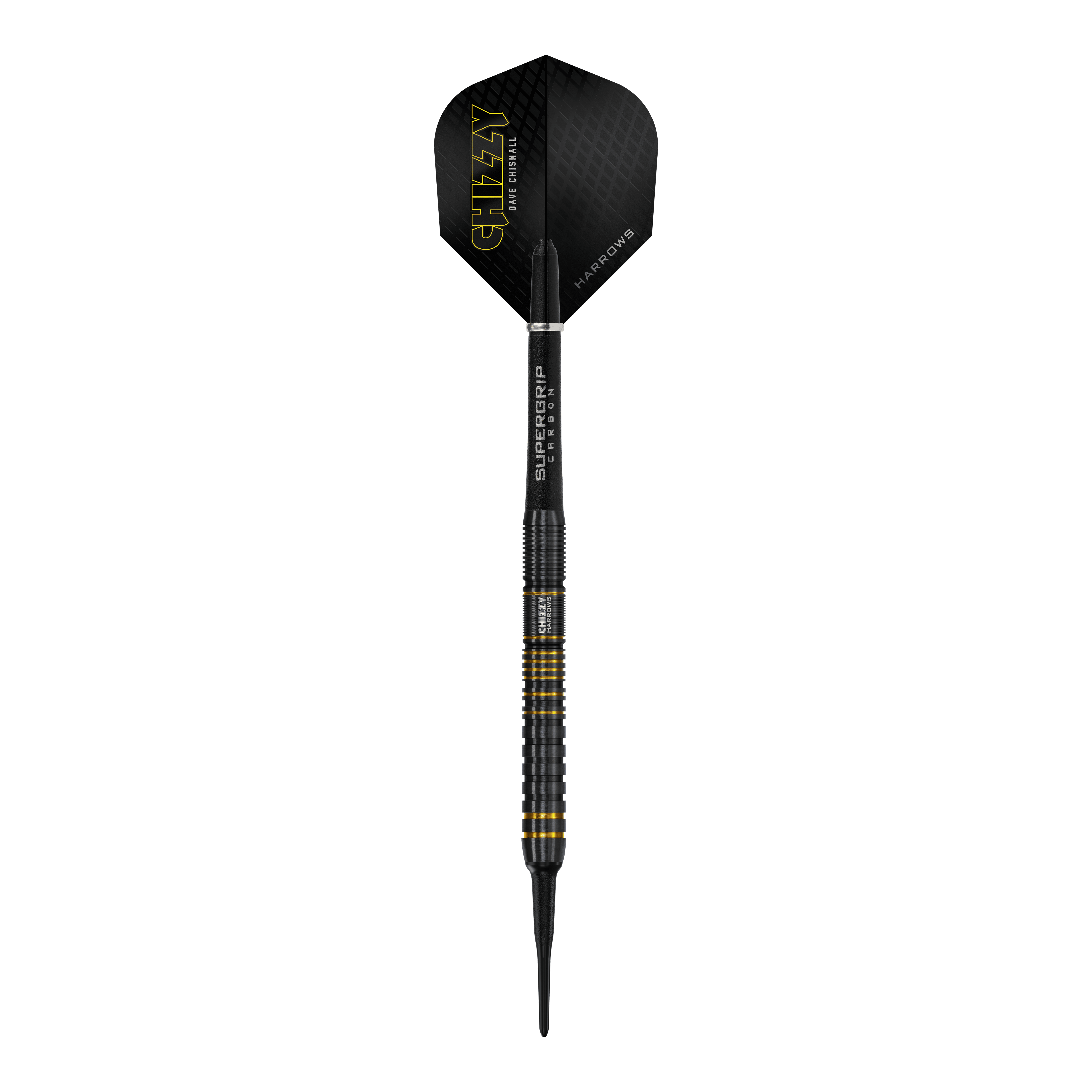 Měkké šipky Harrow's Dave Chisnall Chizzy Series 3 Dieses Bild zeigt einen Harrows Dave Chisnall Chizzy Series 3 Softdart. Der Dartpfeil ist schwarz mit gelben Akzenten und trägt den Schriftzug "CHIZZY" auf dem Flight.