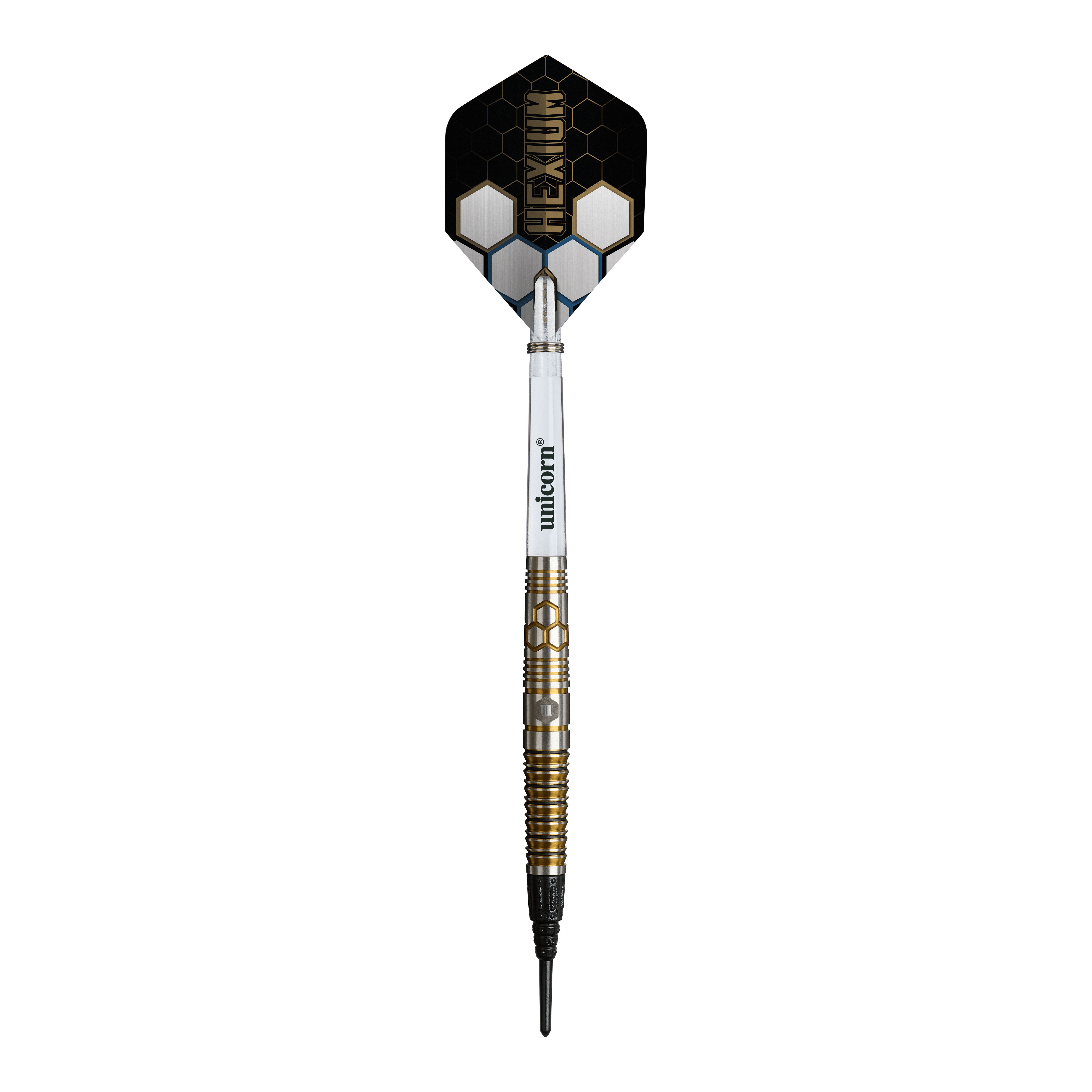 Měkké šipky Unicorn Hexium Style 03 zlaté a černé - 23g Das Bild zeigt die Unicorn Hexium Style 03 Gold & Black Softdarts mit 23g Gewicht. Die Darts sind in den Farben Gold und Schwarz gestaltet.