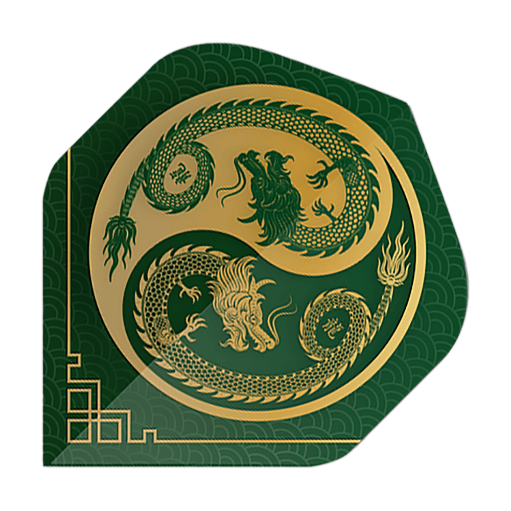 Pentathlonové lety Dragon green Das Bild zeigt einen Pentathlon Dragon 3 Standard Flight in Grün mit einem goldenen Drachenmotiv. Das Design ist detailreich und erinnert an ein asiatisches Kunstwerk.