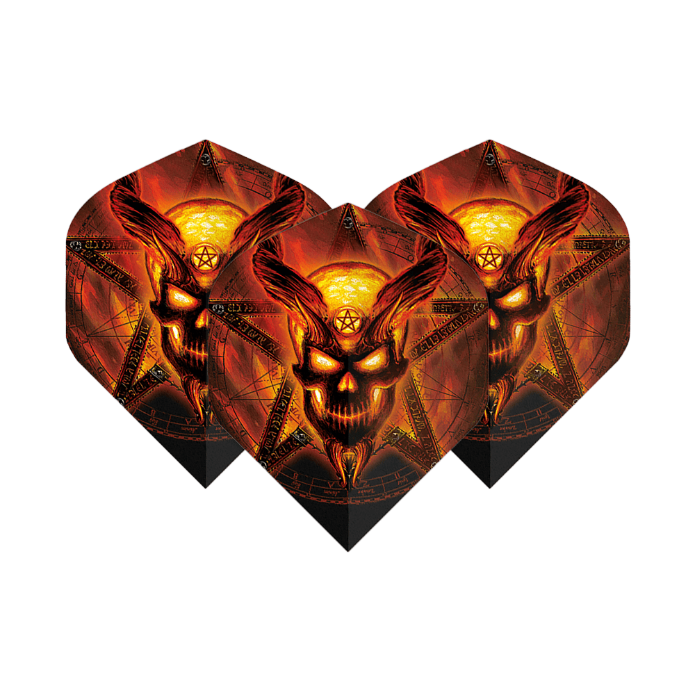 Standardní lety pro Alchemy Burning Temple No2 Die Abbildung zeigt drei Dart-Flights mit einem brennenden, dämonischen Totenkopf-Design vor einem Pentagramm. Die Farben sind hauptsächlich feuriges Rot und Gelb, was dem Produkt ein auffälliges und dramatisches Aussehen verleiht.