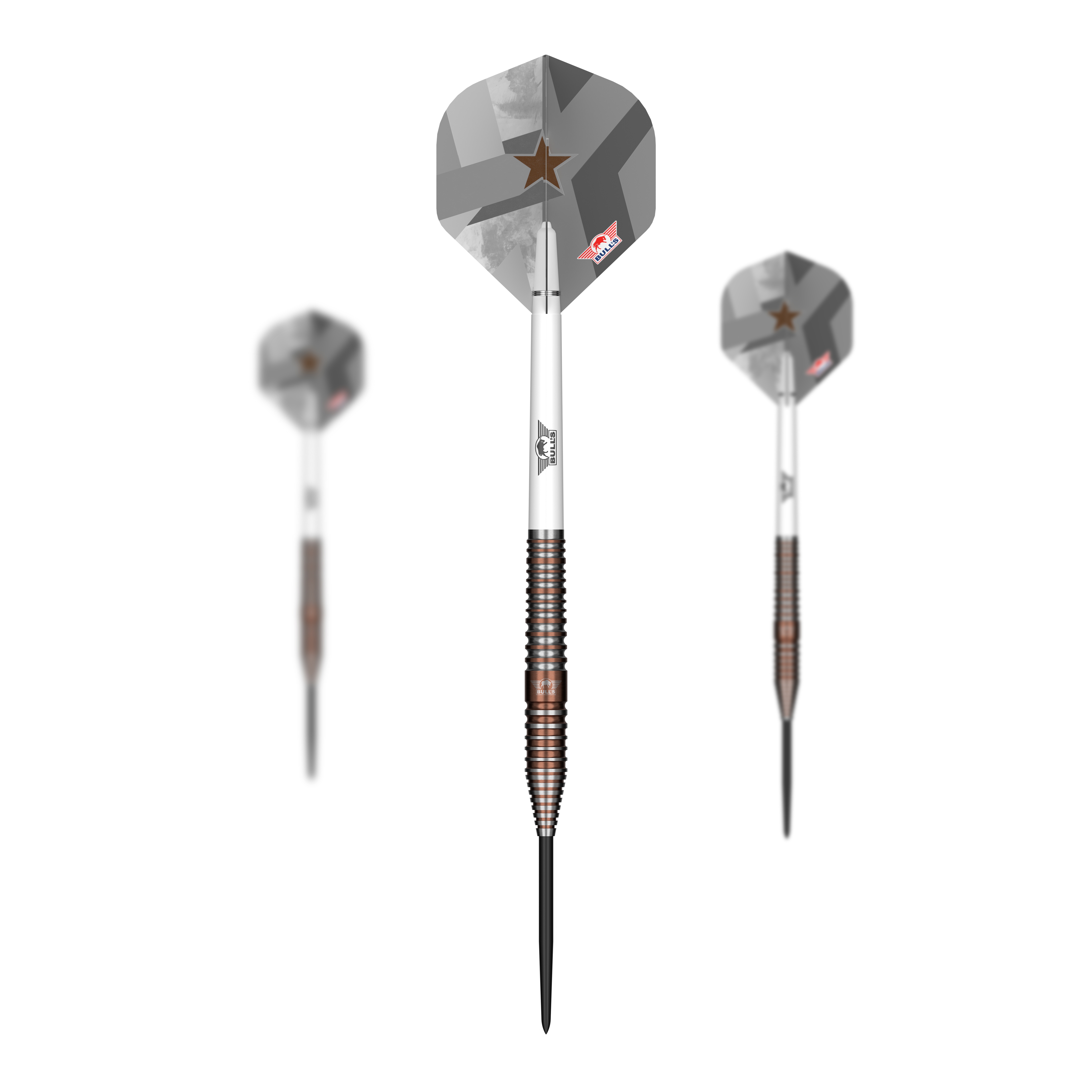 Hier sind Bulls NL Max Hopp E5 Steeldarts als Set dargestellt. Die Pfeile sind speziell für das Steeldartspiel konzipiert.