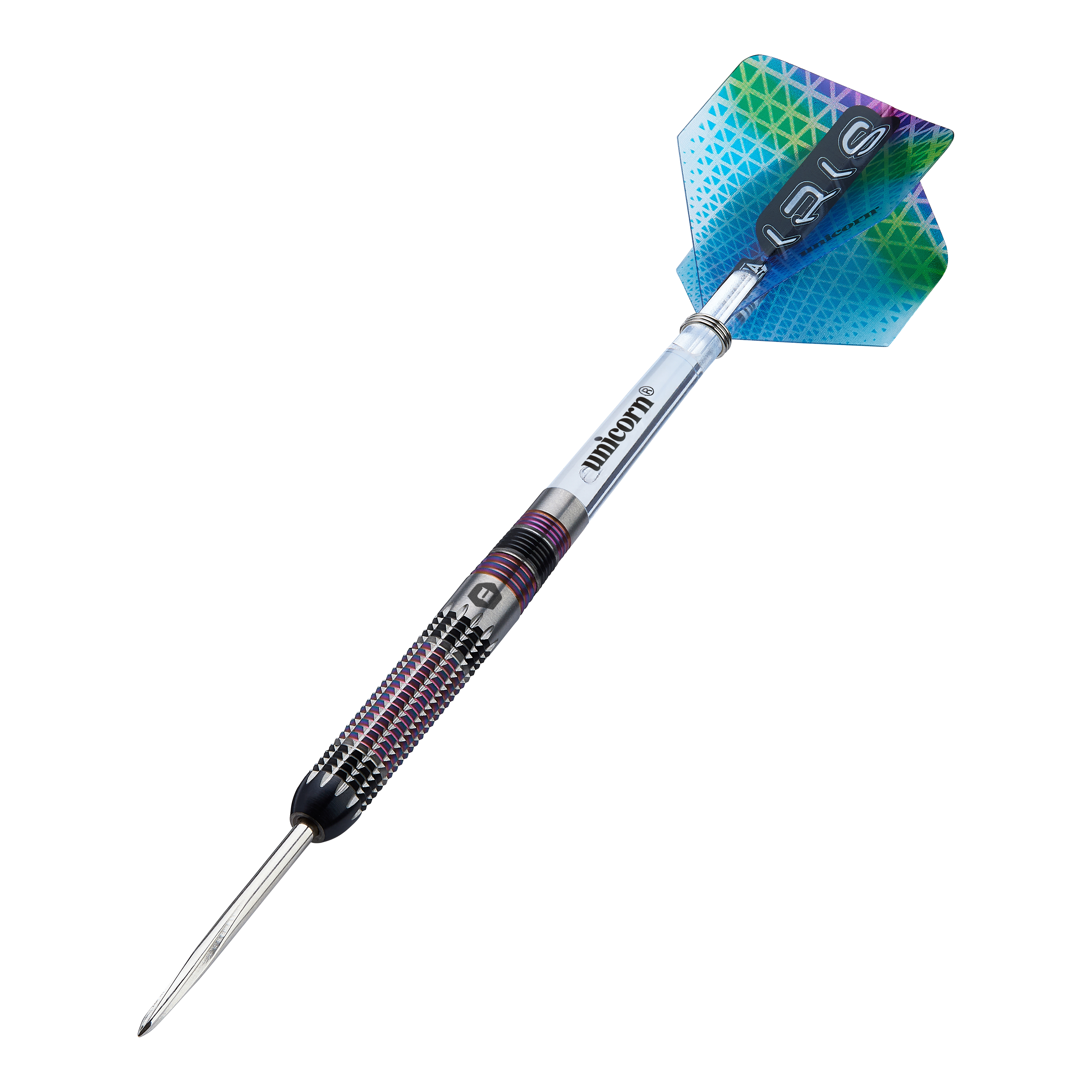 Ocelové šipky Unicorn Iris Dies ist ein Unicorn Iris Steeldart mit einer farbigen Spitze und einem strukturierten Griff. Die Flights haben ein buntes, geometrisches Muster in Blau und Grün.