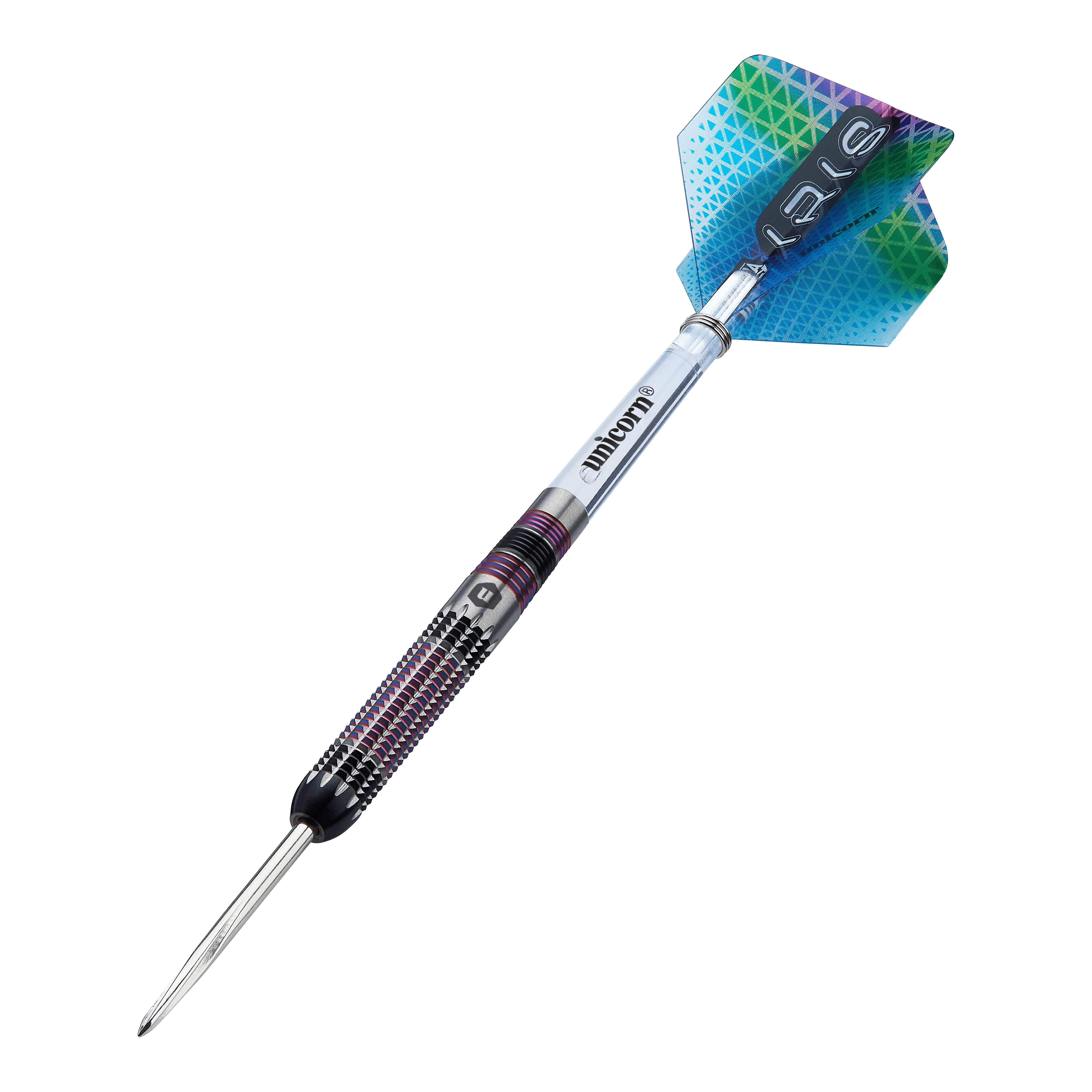 Ocelové šipky Unicorn Iris Unicorn Iris Steeldarts sind als Set abgebildet. Die Darts haben eine auffällige Form.