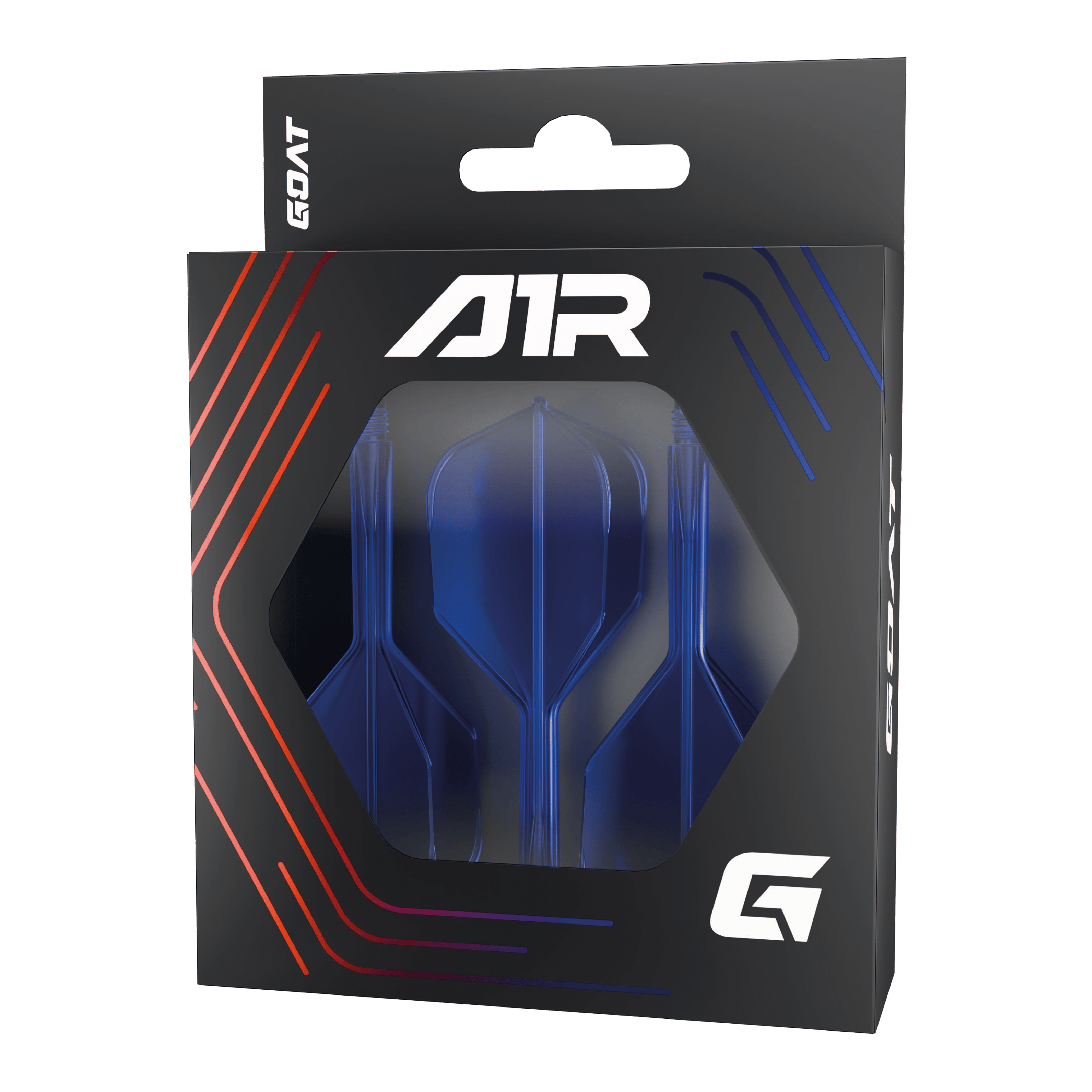 Systém letmých hřídelí GOAT A1R No6 - modrý Die Abbildung zeigt das Produkt "GOAT A1R No6 Flight-Shaft-System - Blau" in seiner Verpackung. Im Inneren sind blaue Dart-Flights und -Schäfte sichtbar.