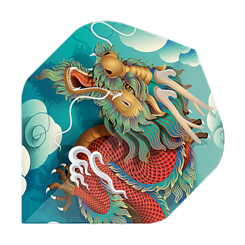 Lety do pětiboje Dragon Das Bild zeigt ein Dart-Flight mit einem bunten Drachenmotiv auf blauem Hintergrund. Es handelt sich um das Produkt "Pentathlon Dragon 5 Standard Flights".