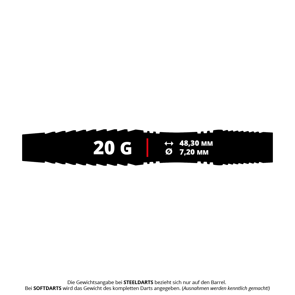 Šipky Red Dragon Seren 3 Pure Softdarts - 20g Das Bild zeigt den Red Dragon Seren 3 Pure Softdart mit einem Gewicht von 20 Gramm. Die Länge beträgt 48,30 mm und der Durchmesser 7,20 mm.