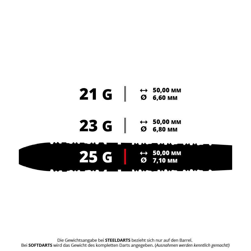 Ocelové šipky Harrow's Damon Heta Series 3 Das Bild zeigt drei verschiedene Gewichtsoptionen für Steeldarts: 21 g, 23 g und 25 g, jeweils mit einer Länge von 50,00 mm. Der Durchmesser variiert zwischen 6,60 mm, 6,80 mm und 7,10 mm.