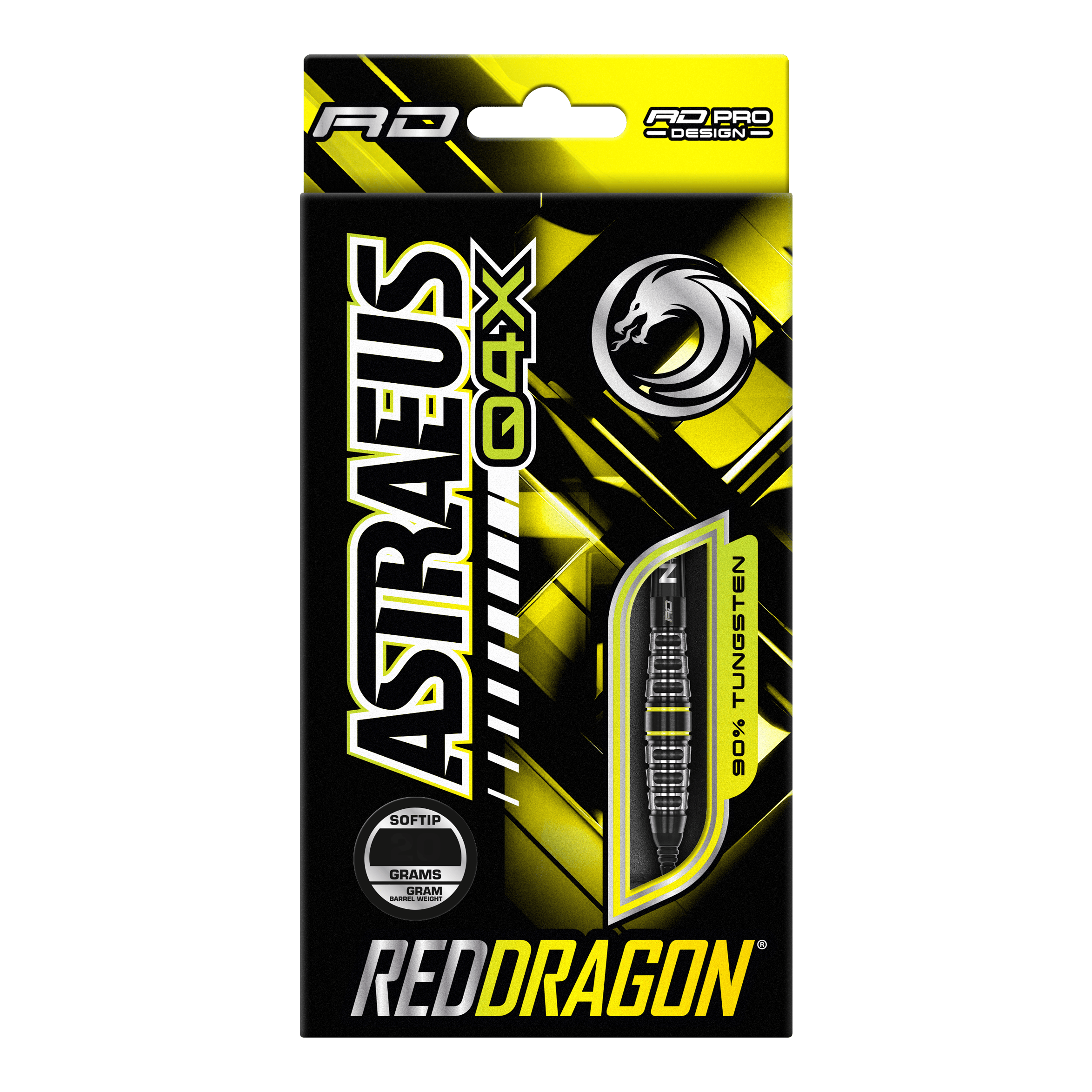 Šipky Red Dragon Astraeus Q4X Torpedo Soft - 20g Die Verpackung zeigt die "Red Dragon Astraeus Q4X Torpedo Softdarts" mit einem Gewicht von 20g. Das Design ist in Schwarz und Gelb gehalten und hebt hervor, dass die Darts aus 90% Tungsten bestehen.