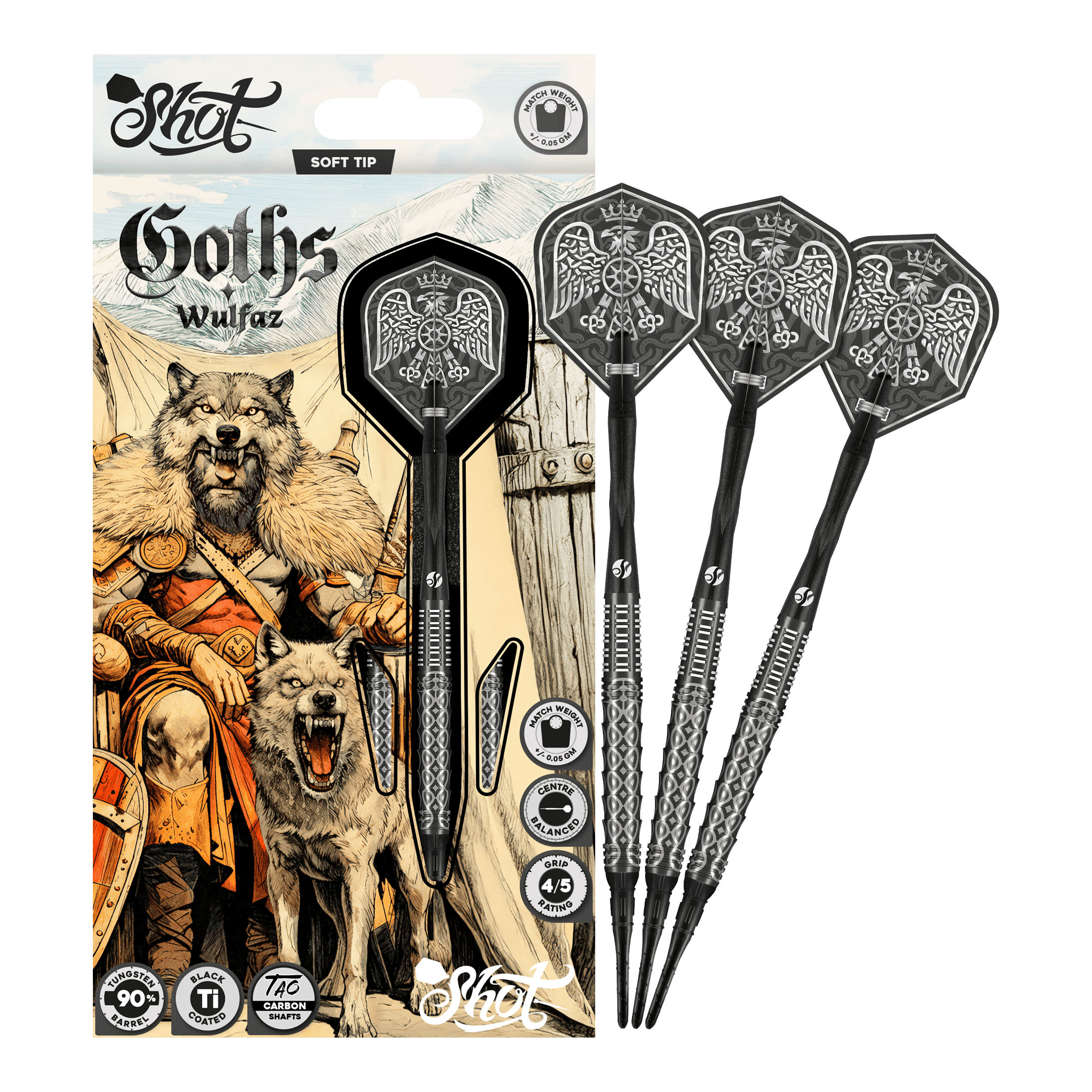Měkké šipky Shot Goths Wulfaz - 20g Abgebildet sind die Shot Goths Wulfaz Softdarts - 20g in einer Gesamtansicht. Sie sind perfekt für Softdartspieler geeignet.