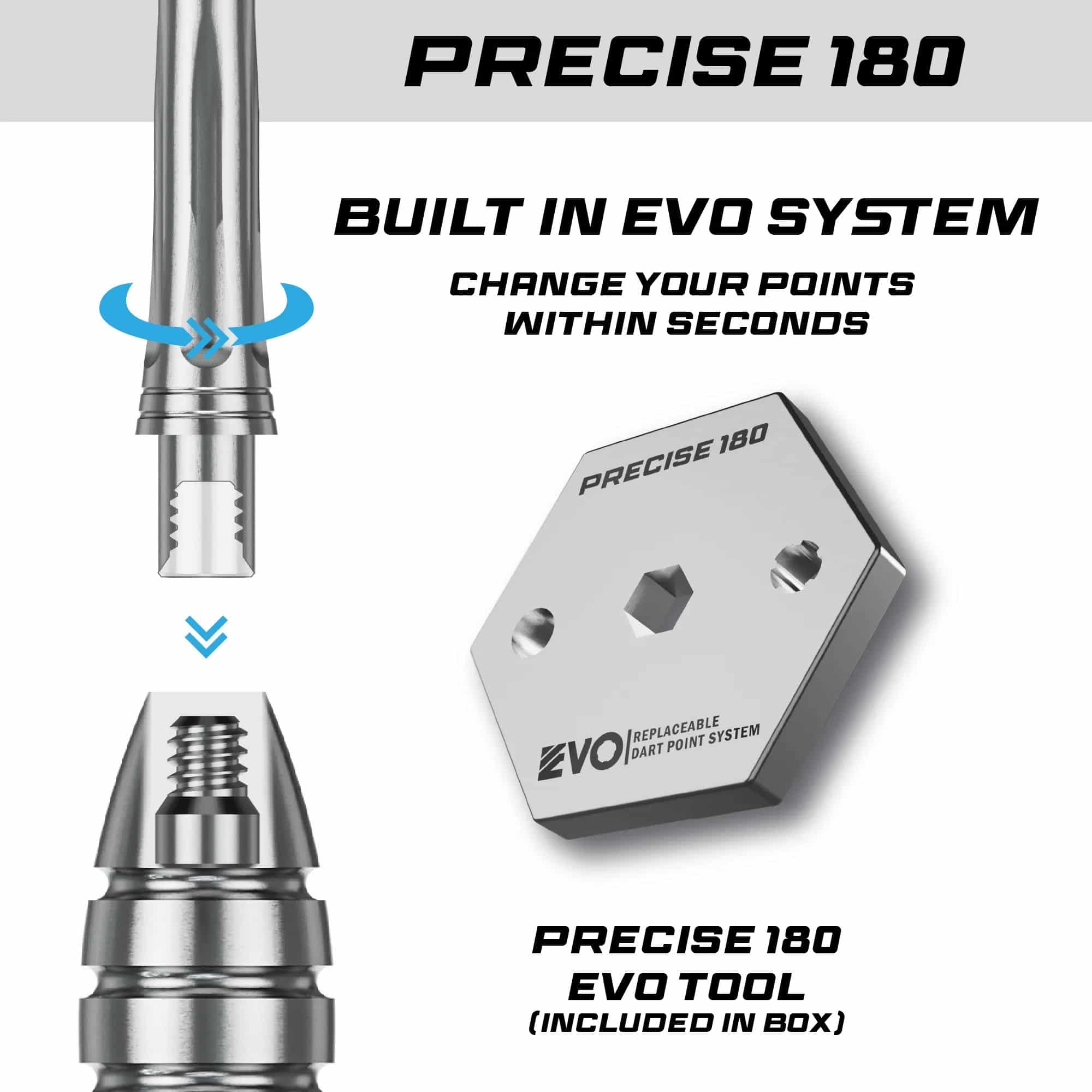Abgebildet sind die Precise 180 Paul Meyer Version 1 Steeldarts. Diese Steeldarts sind speziell für präzise Würfe entwickelt.