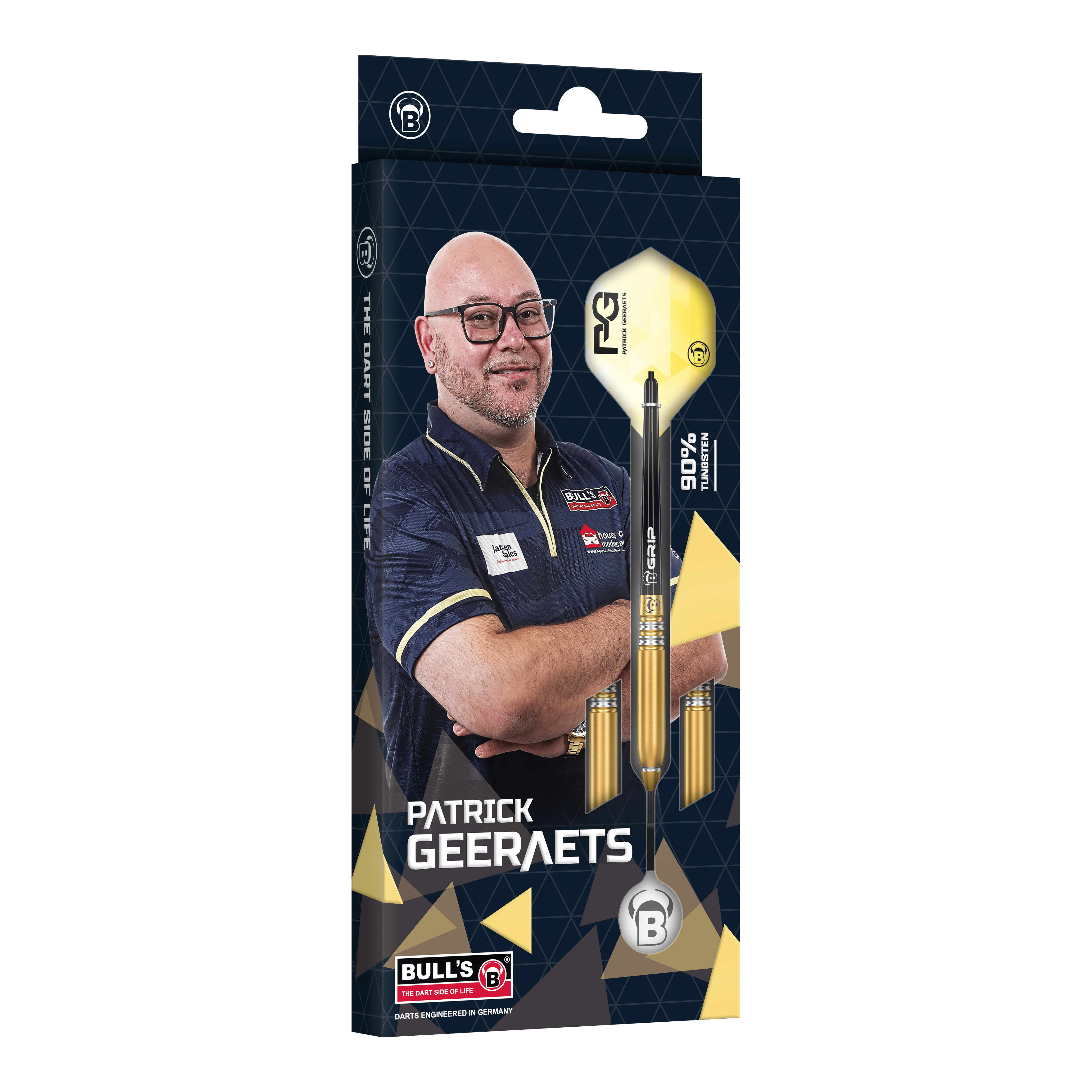 Býci Patrick Geeraets Steeldarts - 23g Auf dem Bild ist die Verpackung der "Bulls Patrick Geeraets Steeldarts - 23g" zu sehen. Auf der Vorderseite ist ein Foto von Patrick Geeraets sowie ein abgebildarter Dartpfeil.