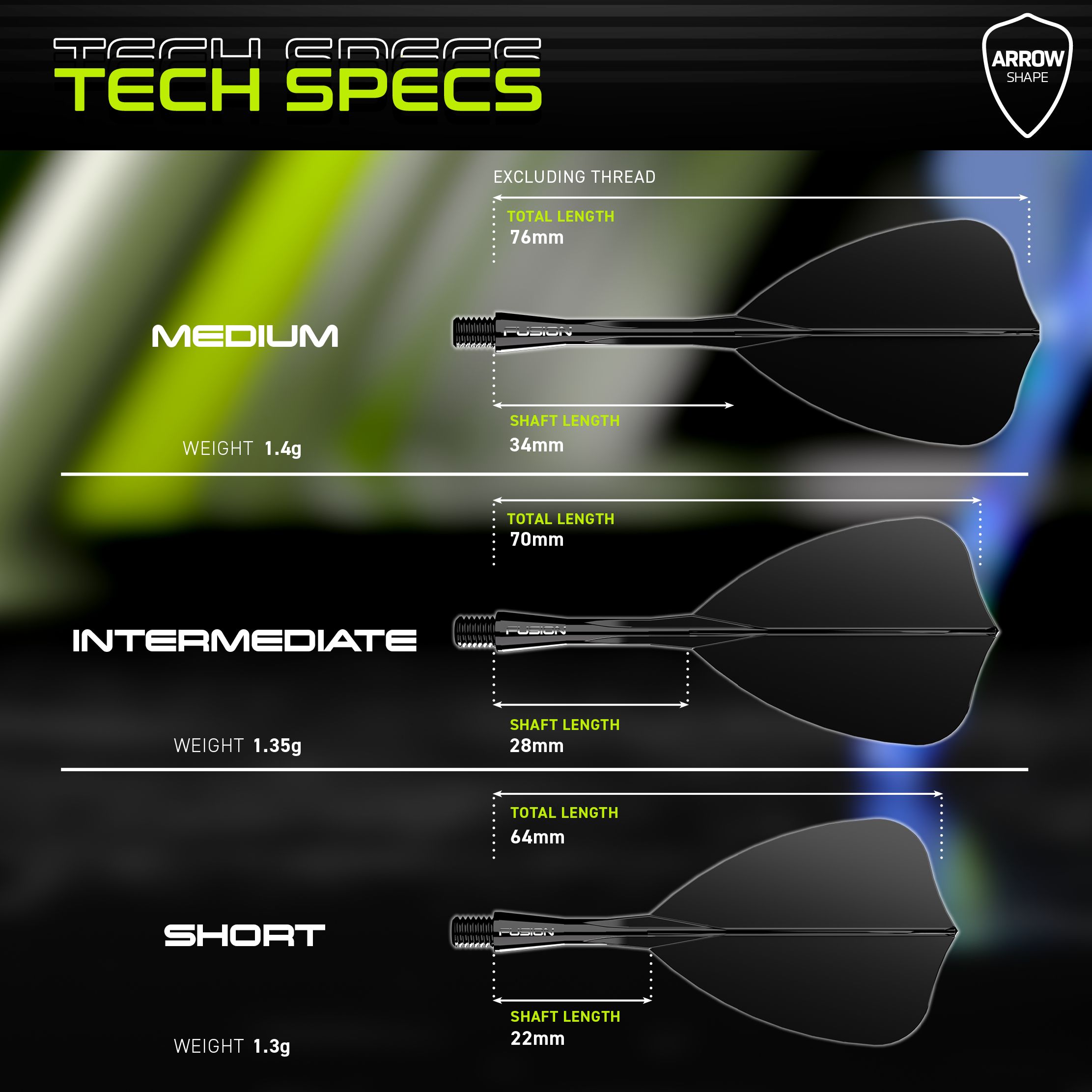 Winmau Fusion Flight-Shaft-System Arrow Schwarz Das Bild zeigt technische Spezifikationen für drei verschiedene Längen des Winmau Fusion Arrow Flight-Shaft-Systems: Medium, Intermediate und Short. Für jede Länge werden das Gewicht sowie die Gesamt- und Schaftlänge in Millimetern angegeben.