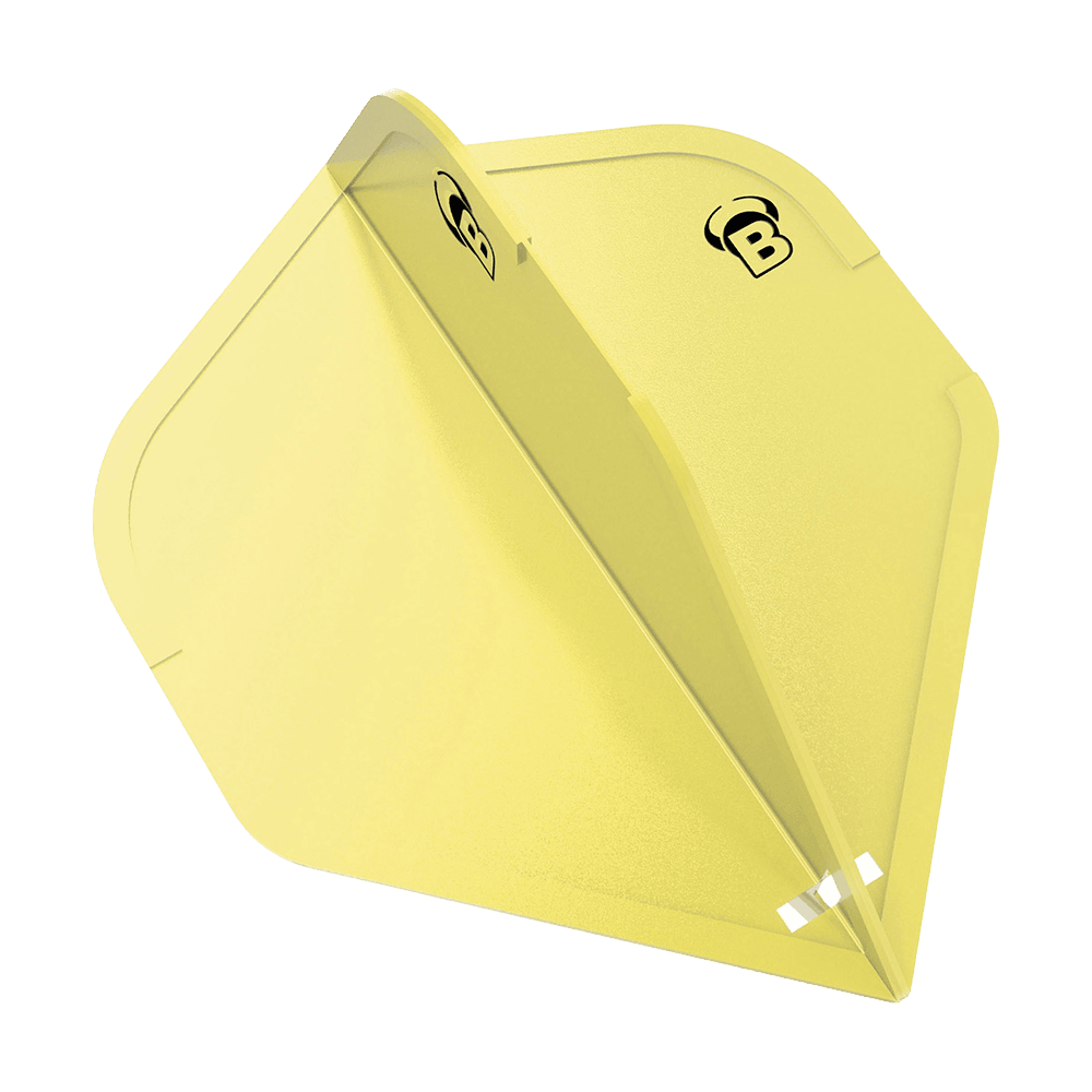BL50010_Bulls_DragonFlights_Standard_Gelb_1 Das Bild zeigt ein gelbes Dart-Flight mit dem Buchstaben "B" und einem stilisierten Horn-Logo. Das Flight hat eine Standardform und besteht aus Kunststoff.