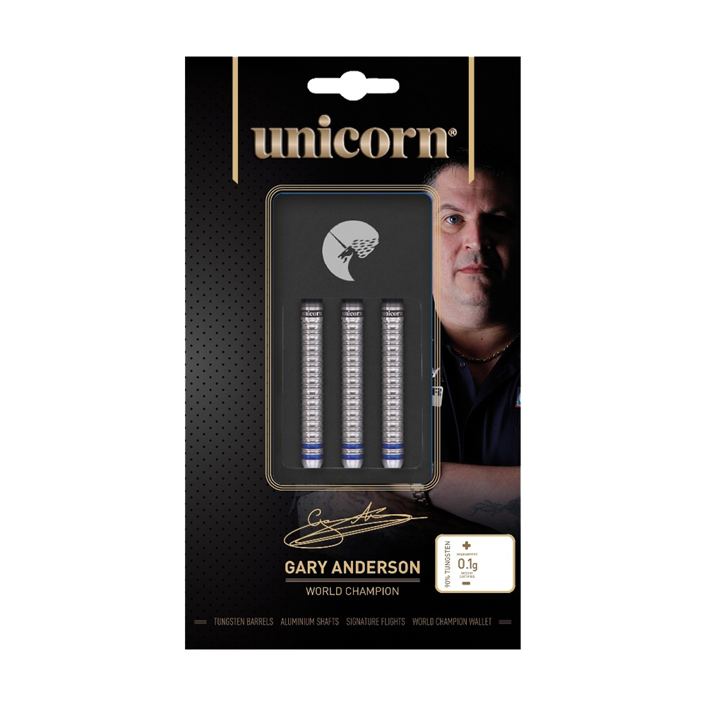 27444_Unicorn_World_Champion_Gary_Anderson_Phase_3_Steeldarts_3 Das Bild zeigt die Verpackung der "Unicorn World Champion Gary Anderson Phase 3 Steeldarts". In der Mitte sind drei Dart-Barrels zu sehen, daneben ist ein Bild von Gary Anderson abgebildet.