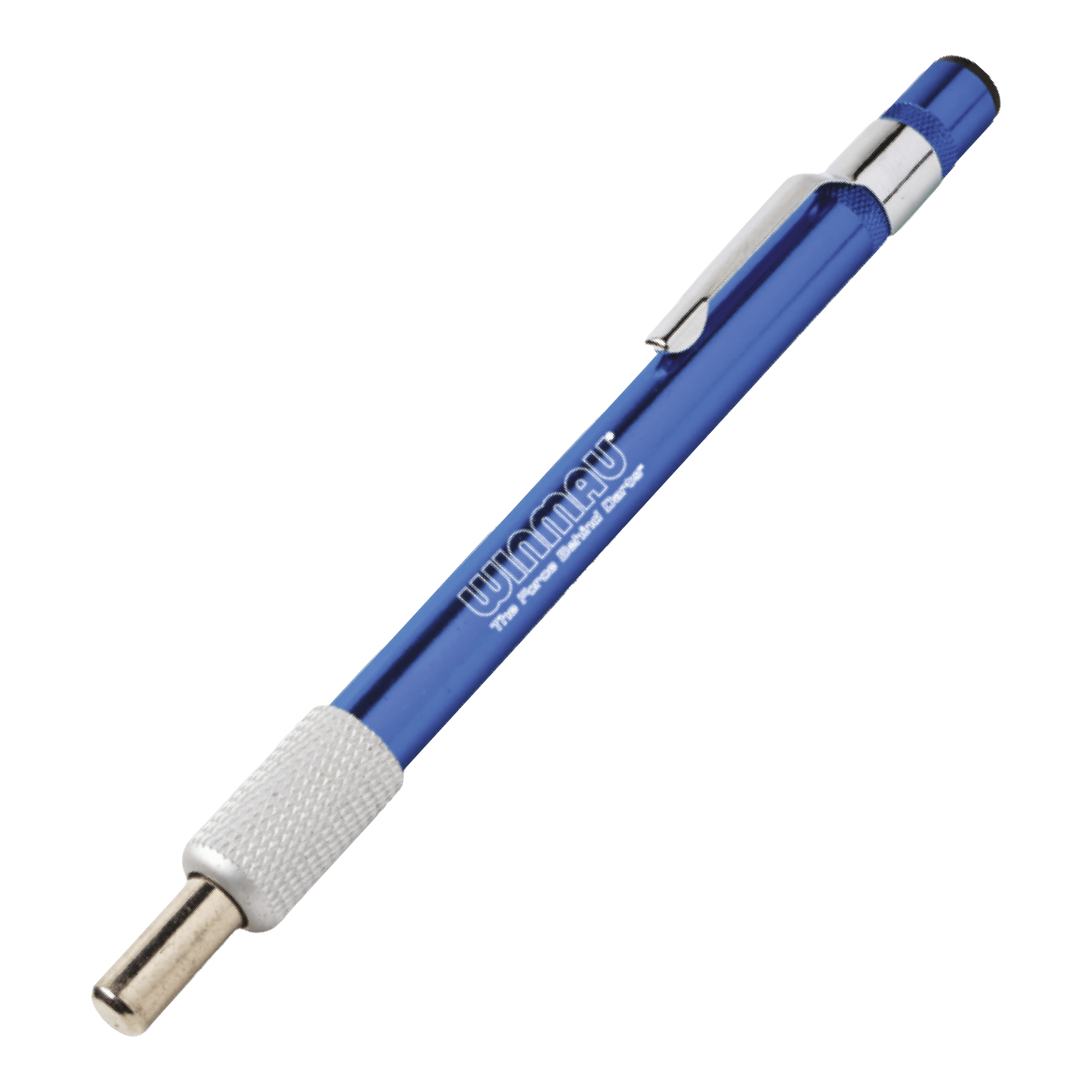 Ein blauer Schleifstein für Dartspitzen ist abgebildet. Das Produkt dient dazu, die Spitzen von Darts zu schärfen.