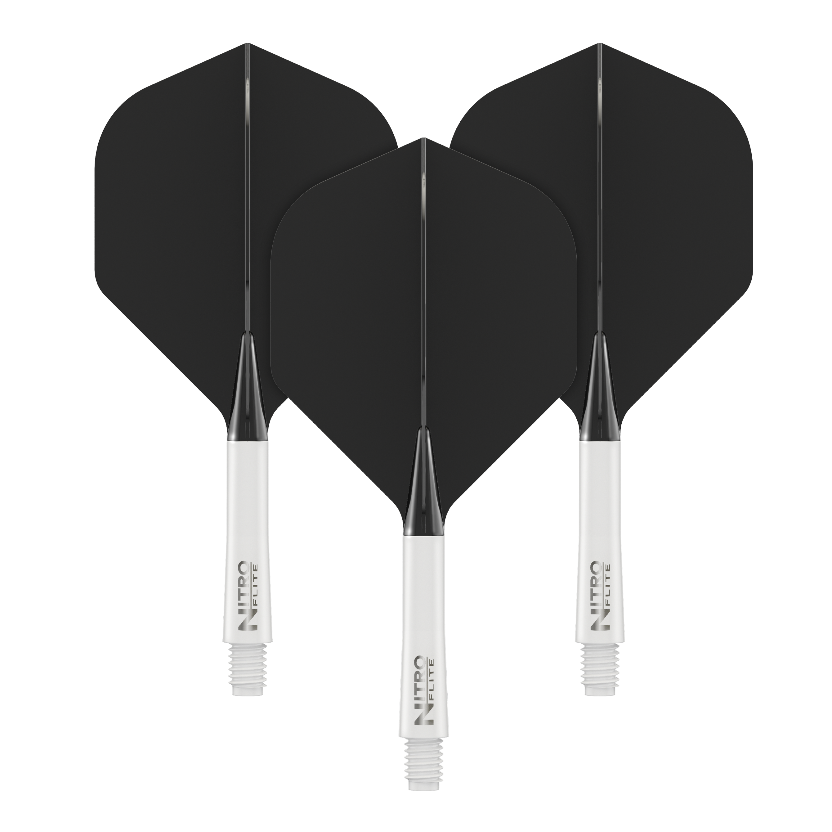 Red Dragon Nitroplte - White Shaft Black No2 Flights Auf dem Bild sind drei schwarze Dartflights mit weißen Shafts zu sehen. Sie stehen nebeneinander und zeigen das gleiche Design.