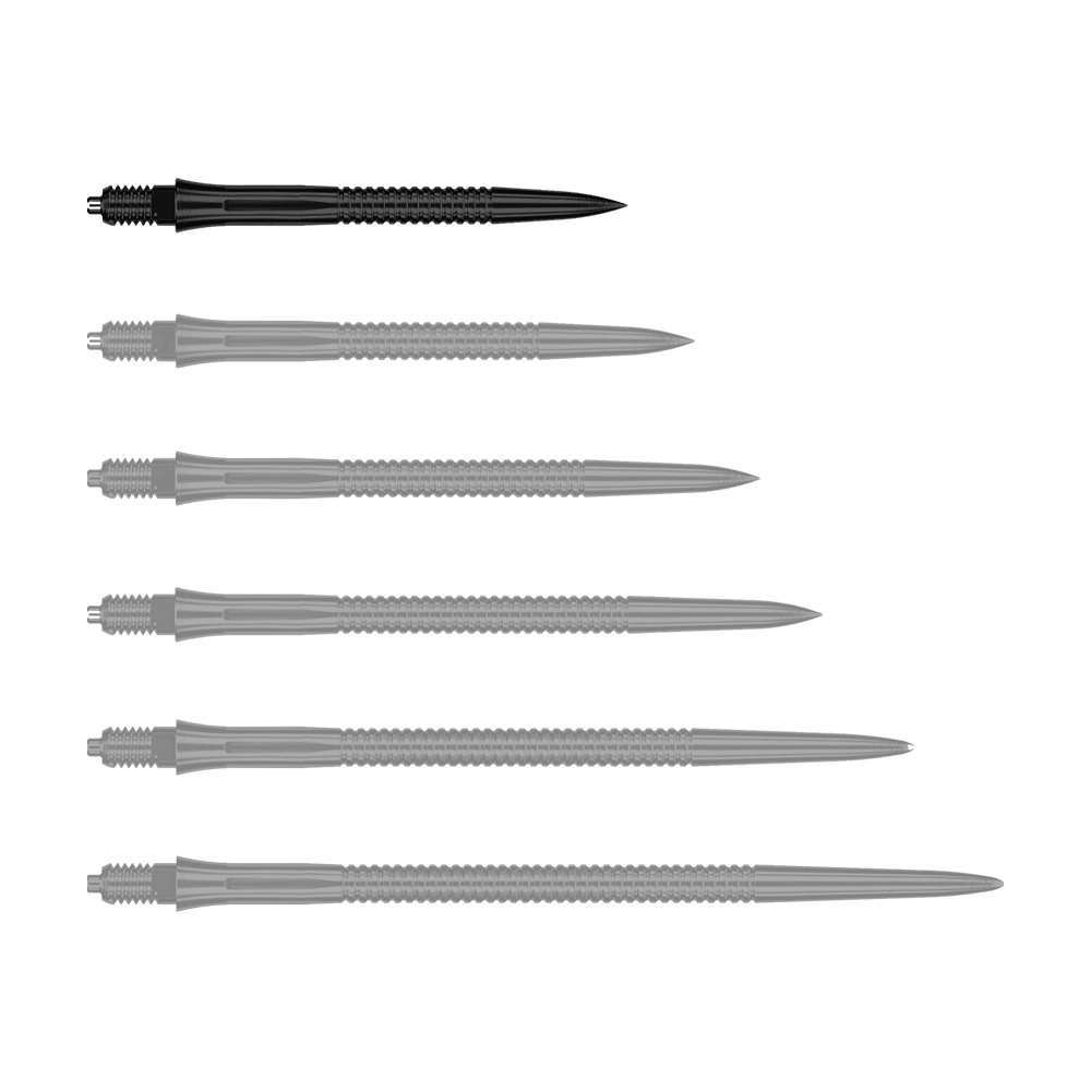 Špičky na šipky Caliburn EZ-EVO - drážkované - černé Hier sieht man eine weitere EVO201 Caliburn EZ-EVO Dartspitze mit Rillen in Schwarz und einer Länge von 28 mm. Die Spitze ist speziell für Dartspieler geeignet.