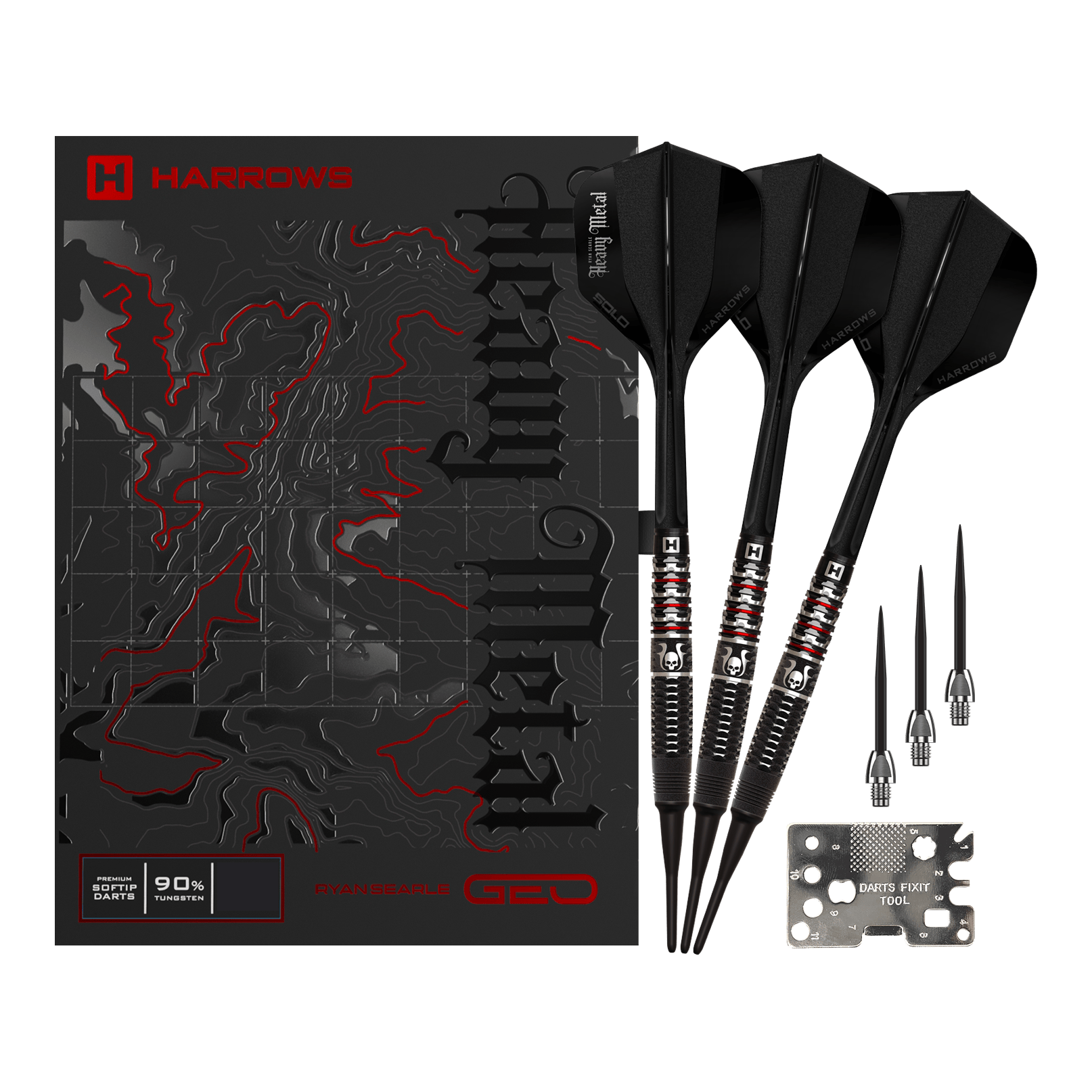 Harrows Ryan Searle Geo Softdarts mit 20g Gewicht werden präsentiert. Sie sind silberfarben und filigran gestaltet.