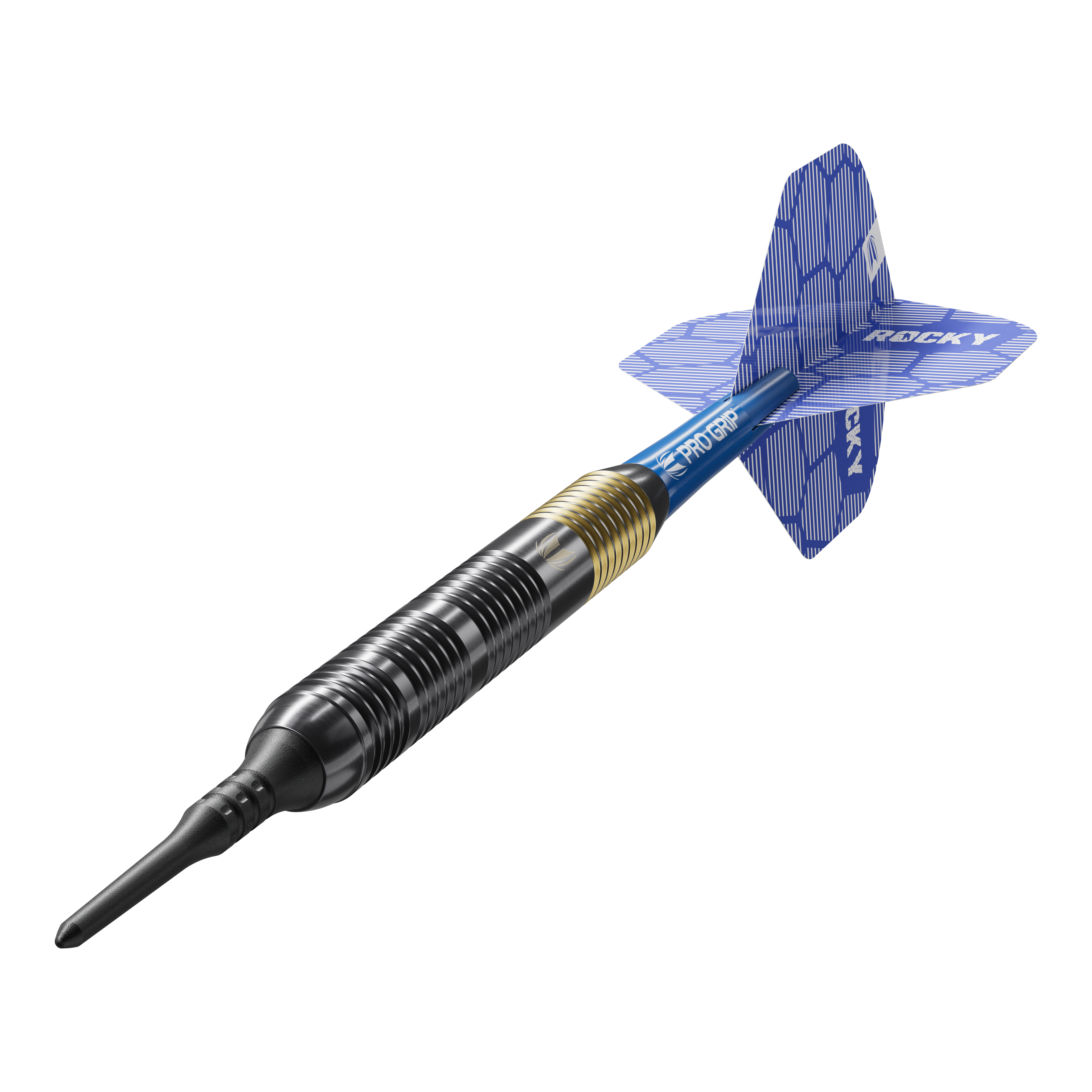 Šipky Target Josh Rock Brass měkké - 18g Das Bild zeigt einen Target Josh Rock Brass Softdart mit einem Gewicht von 18 Gramm. Der Dart hat eine messingfarbene und schwarze Spitze sowie blaue Flights mit einem Muster.
