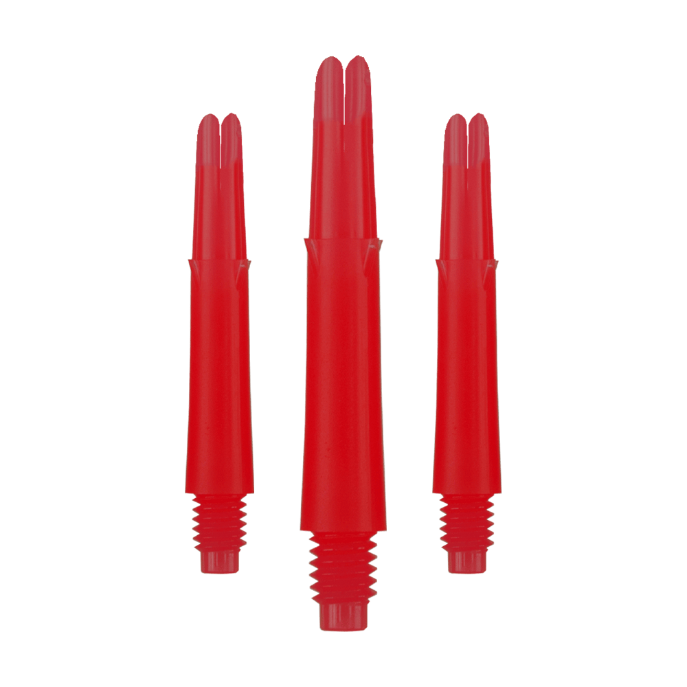 L-tvarované L-hřídele, zajištěné rovné - červené Auf dem Bild sind drei rote, gerade Dartschäfte zu sehen. Sie haben ein Schraubgewinde am unteren Ende und sind jeweils 32 mm lang.