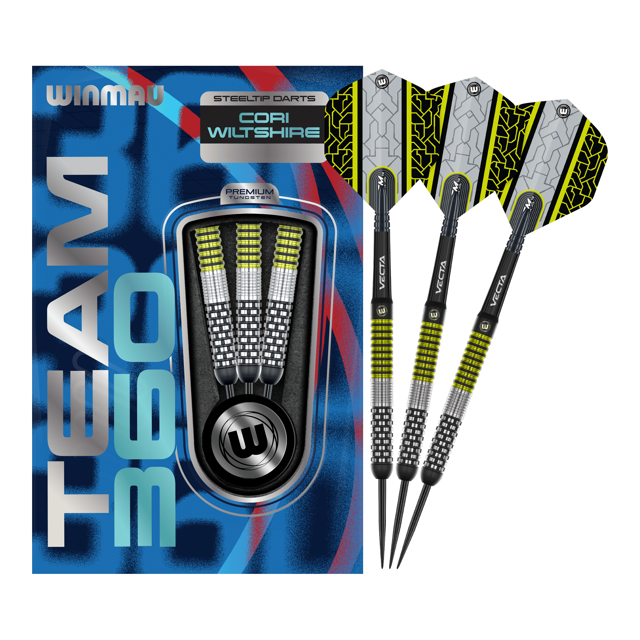 Šipky Winmau Team 360 Cori Wiltshire ocelové - 24g Das Bild zeigt die Winmau Team 360 Cori Wiltshire Steeldarts mit 24 Gramm. Diese hochwertigen Steeldarts sind für professionelle Dartspieler geeignet.