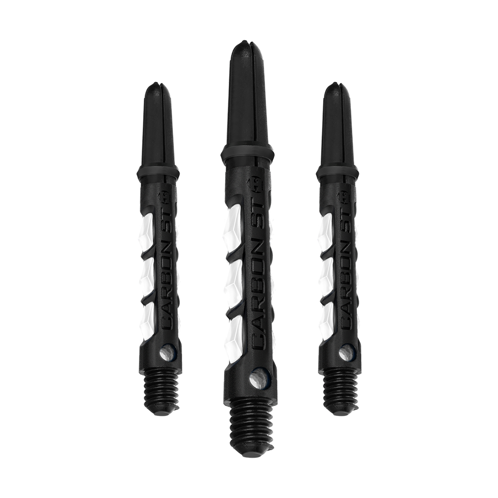 HR438_Harrows_Carbon_ST_Shafts_Weiss_40mm_1PQn7quU0Gc5WM Das Bild zeigt drei weiße Harrows Carbon ST Shafts für Dartpfeile. Die Schäfte haben ein modernes, schwarzes und weißes Design.