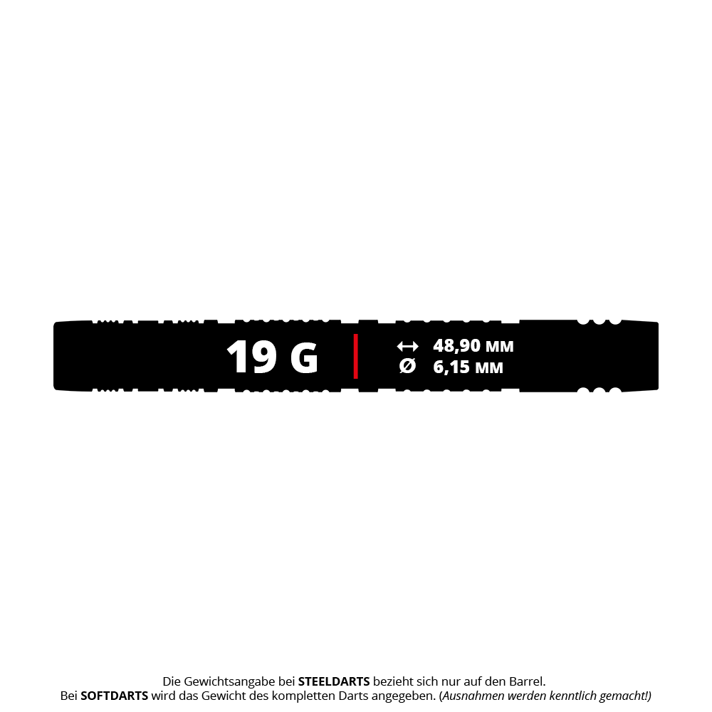Das Bild zeigt die Target Dimitri Van Den Bergh 95K Softdarts mit einem Gewicht von 19g. Die Darts sind speziell für Fans und Spieler dieses Modells geeignet.