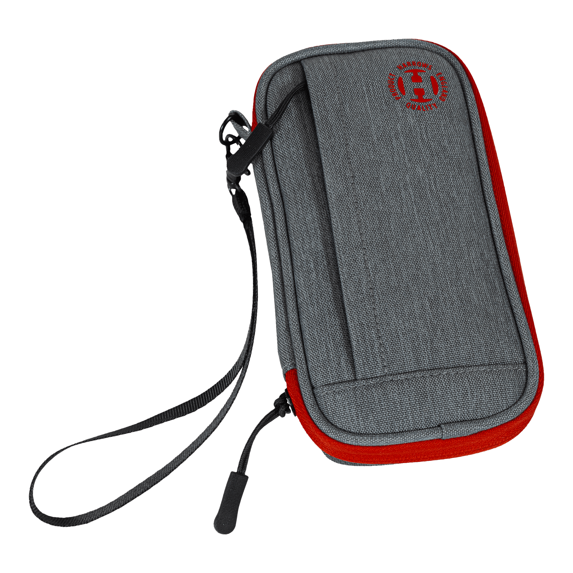 Harrows Smart Case Dartwallet Das Bild zeigt ein graues Dart-Etui mit roten Akzenten und einer schwarzen Handschlaufe. Auf der Vorderseite befindet sich ein rundes Logo in Rot.