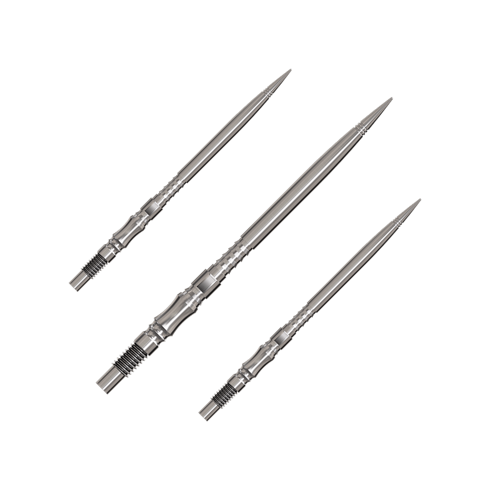 Axis Silver Elite Serie Dartspitzen in 40mm werden gezeigt. Die Spitzen sind silberfarben.