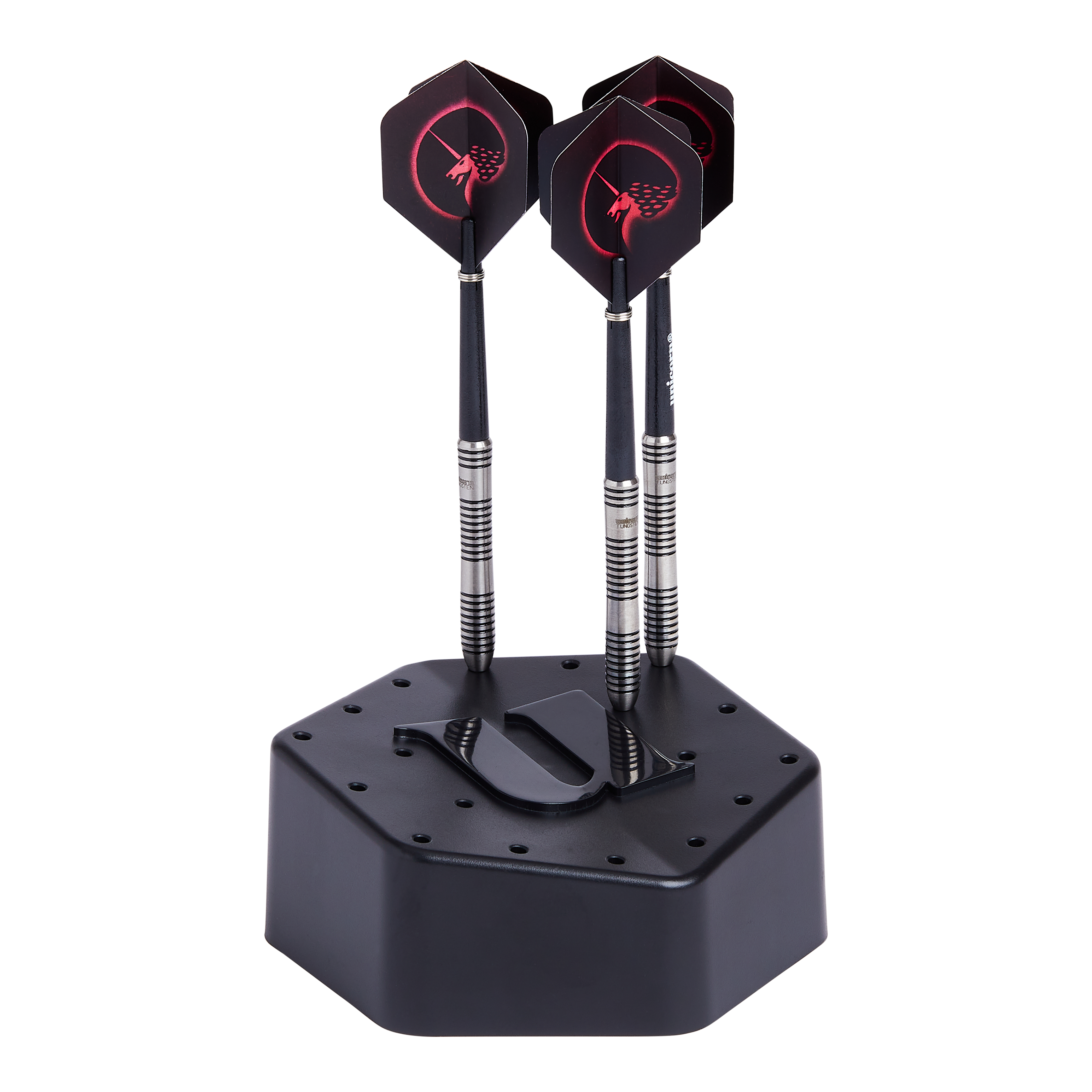 Stojan na šipky s jednorožcem Auf dem Bild ist ein schwarzer Dartständer mit drei Darts zu sehen. Der Ständer hat eine sechseckige Form und ein "U"-Logo auf der Oberseite.