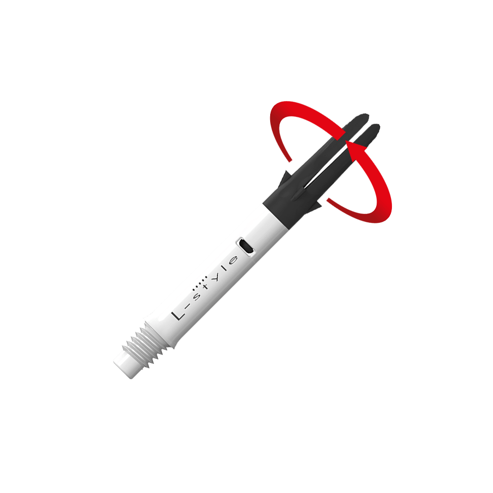 L-L-Style-Shaft Carbon Silent Straight - Bílá Das Bild zeigt einen weißen und schwarzen Dartshaft mit der Aufschrift "L-style". Ein roter Pfeil deutet auf eine Drehbewegung an der oberen schwarzen Spitze des Schafts hin.