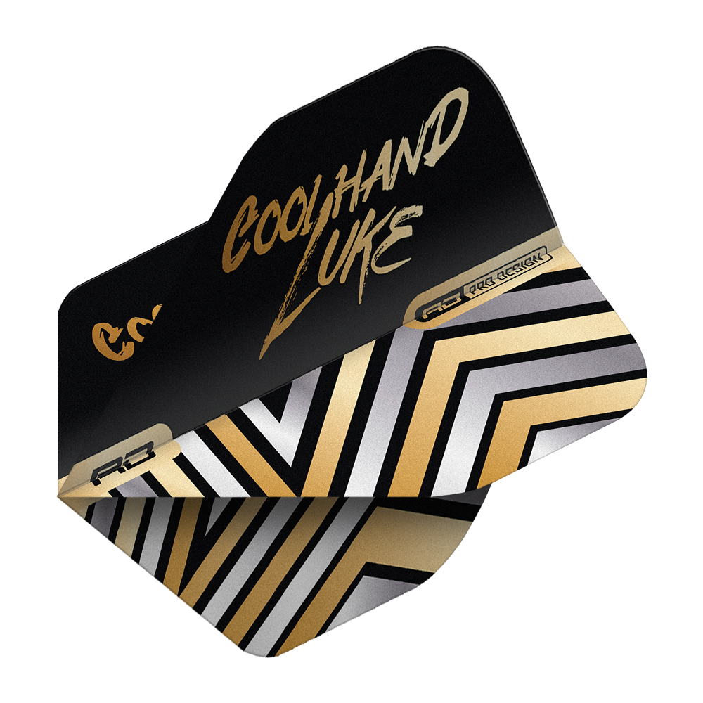 Das Bild zeigt ein Dart-Flight mit dem Aufdruck "COOL HAND LUKE" in goldener Schrift. Das Design ist schwarz-gold mit modernen, geometrischen Linien.