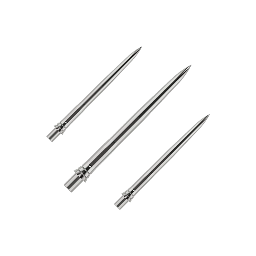 Špičky šipek Caliburn EVO - hladké - stříbrné Das Bild zeigt silberne Dartspitzen mit einer glatten Oberfläche, wahrscheinlich aus Metall. Die Dartspitzen sind 28mm lang und werden als Set präsentiert.