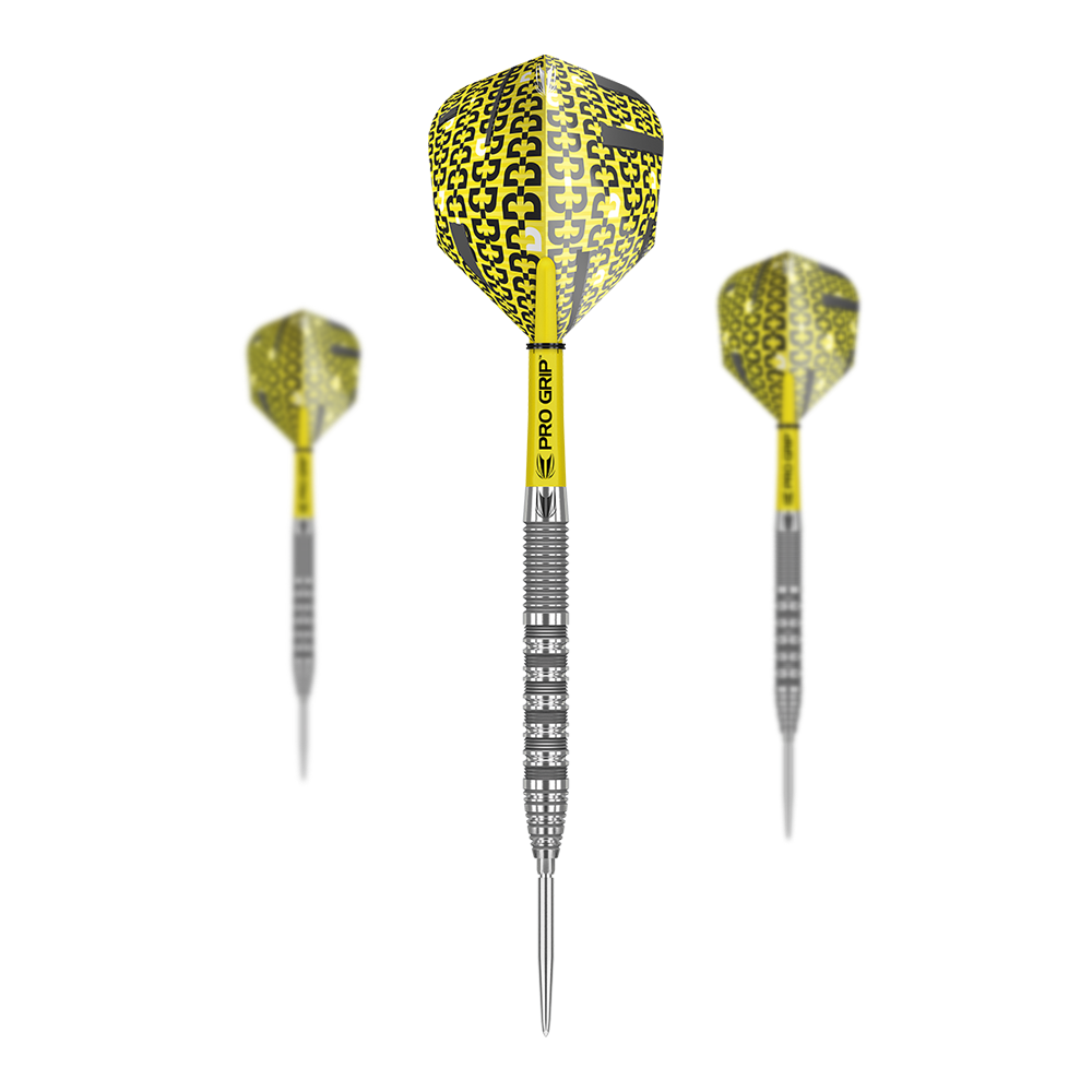 Ocelové šipky Target Bolide 01 Swiss Point Das Bild zeigt drei Target Bolide 01 Swiss Point Steeldarts mit gelben Flights und silbernen Spitzen. Die Darts haben einen auffälligen, schwarz-gelben Aufdruck und einen silbernen, geriffelten Schaft.