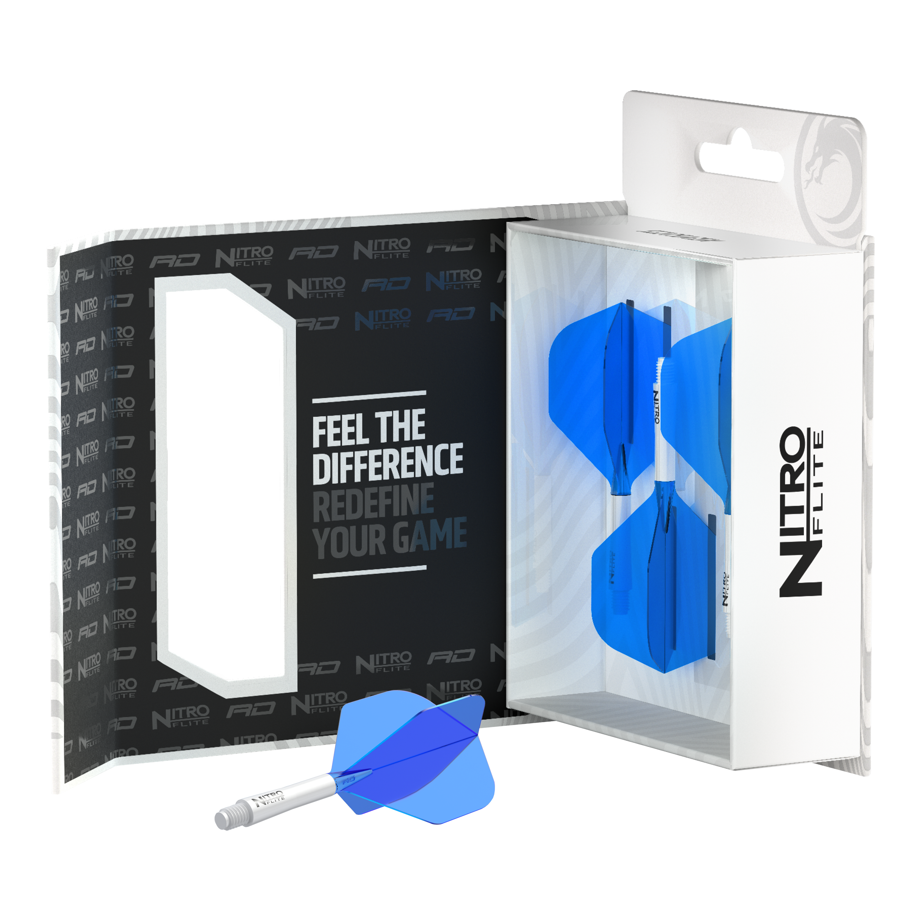 Red Dragon Nitroplite - White Shaft Blue No2 Flights Das Bild zeigt die Verpackung des Produkts "Red Dragon Nitroflite - White Shaft Blue No2 Flights". In der Verpackung sind drei Darts mit weißen Schäften und blauen Flights zu sehen.