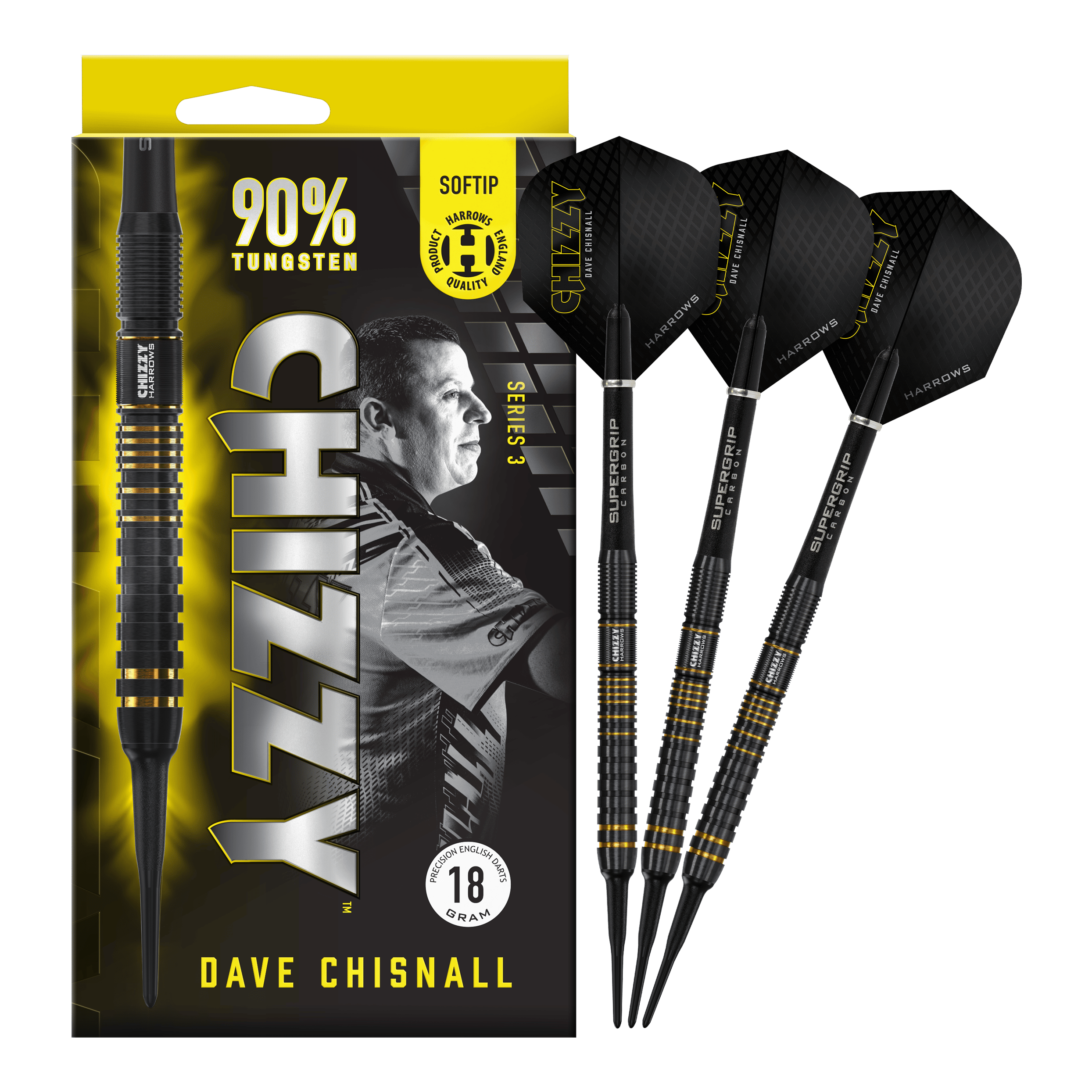 Měkké šipky Harrow's Dave Chisnall Chizzy Series 3 Das Bild zeigt eine Packung der "Harrows Dave Chisnall Chizzy Series 3 Softdarts" mit drei schwarzen Softdarts daneben. Auf der Verpackung steht, dass die Darts zu 90% aus Tungsten bestehen und 18 Gramm wiegen.