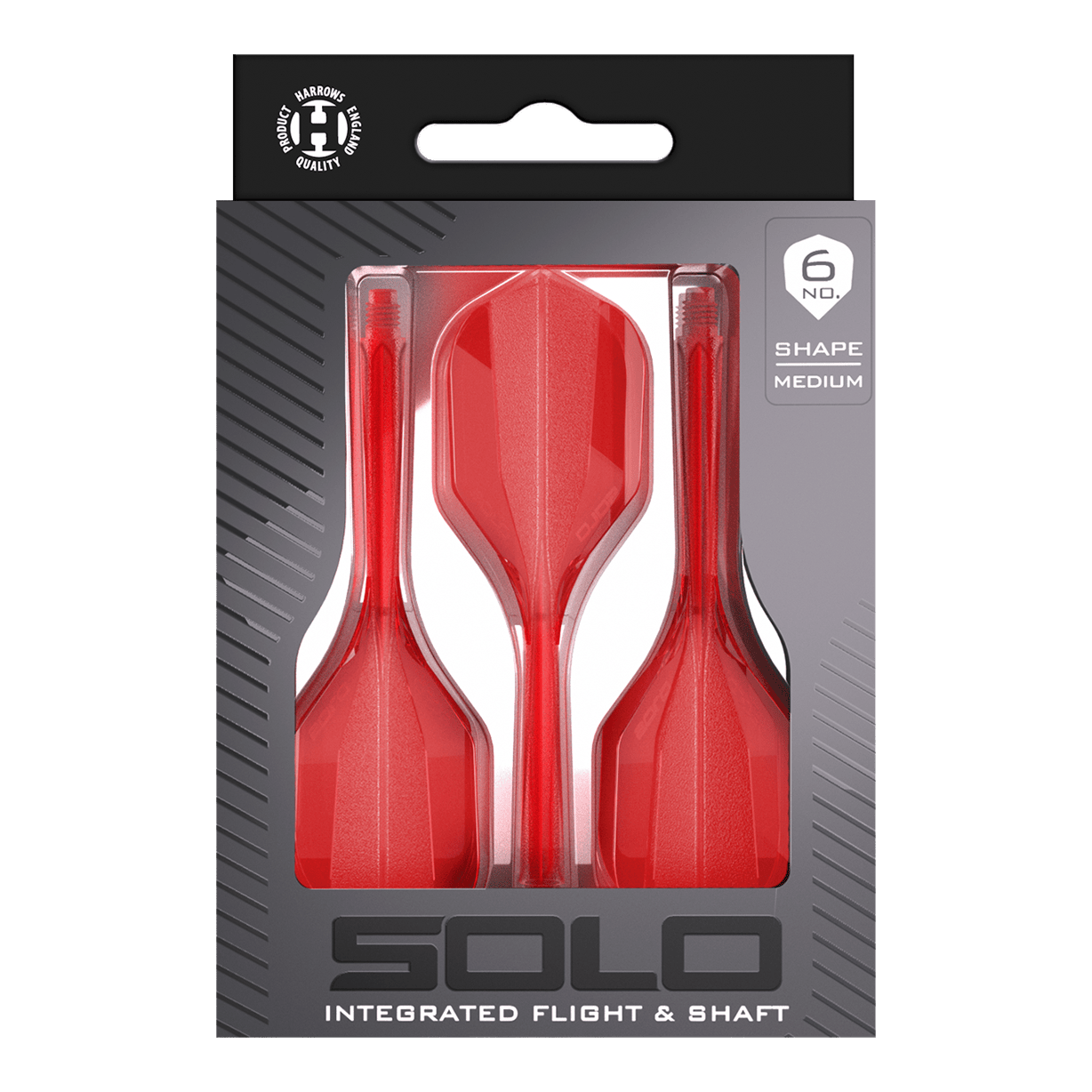 Das Bild zeigt das Harrows Solo No6 Flight-Shaft-System in Rot. Es ist eine Kombination aus Flight und Schaft für Darts.