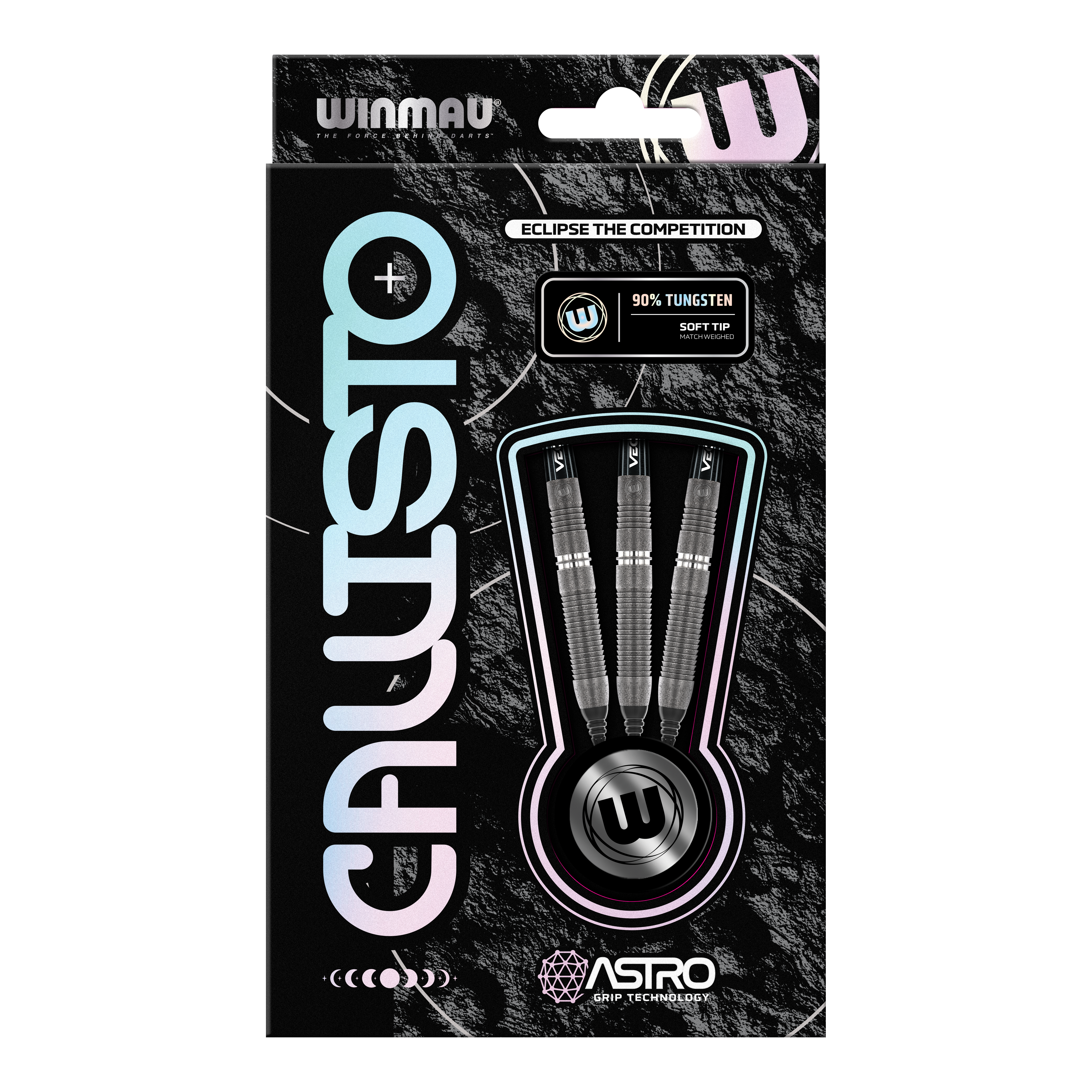 Winmau Callisto 03 Softdarts - 20g Die Abbildung zeigt die Verpackung der Winmau Callisto 03 Softdarts mit einem Gewicht von 20 g. In der Schachtel sind drei schwarze Darts mit 90 % Tungsten und Softtip sichtbar.