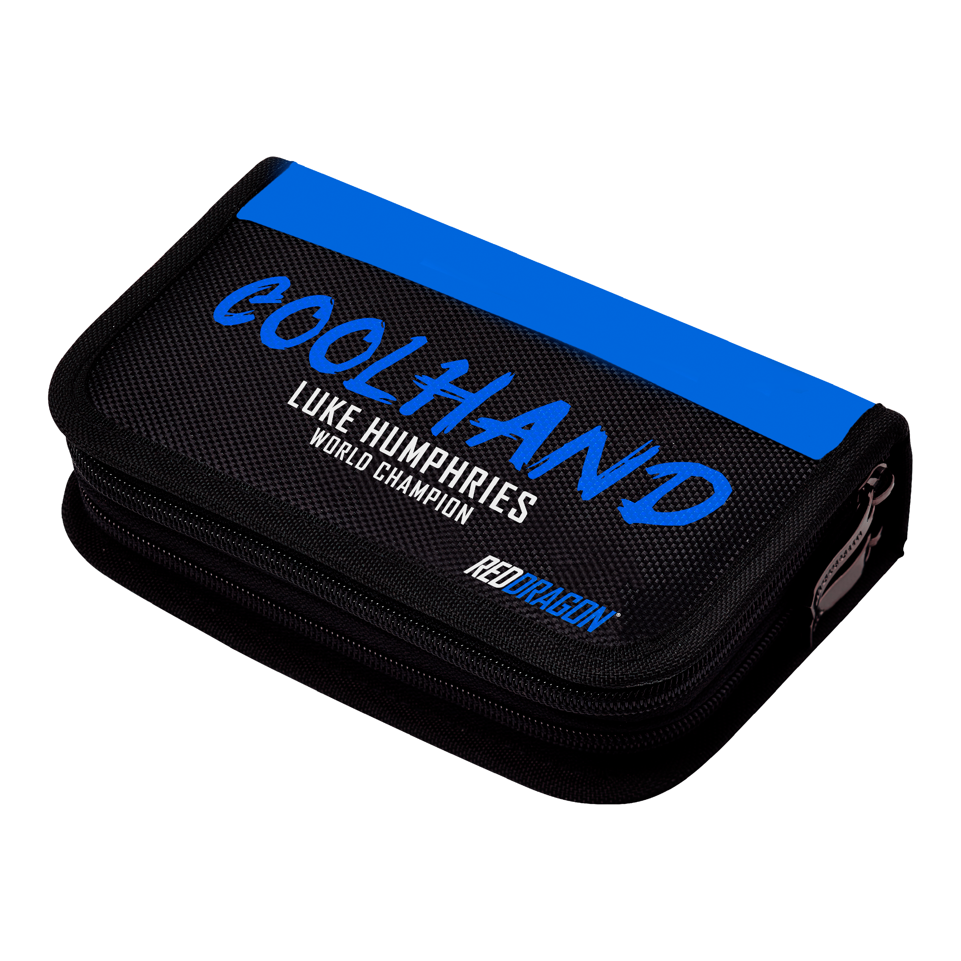 Peněženka na šipky Firestone 2 od Red Dragon Luke Humphries World Champion Das Bild zeigt das "Red Dragon Luke Humphries World Champion Firestone 2 Dartwallet". Das Dartwallet ist schwarz mit einem blauen Streifen und der Aufschrift "COOL HAND" sowie dem Namen "Luke Humphries World Champion".