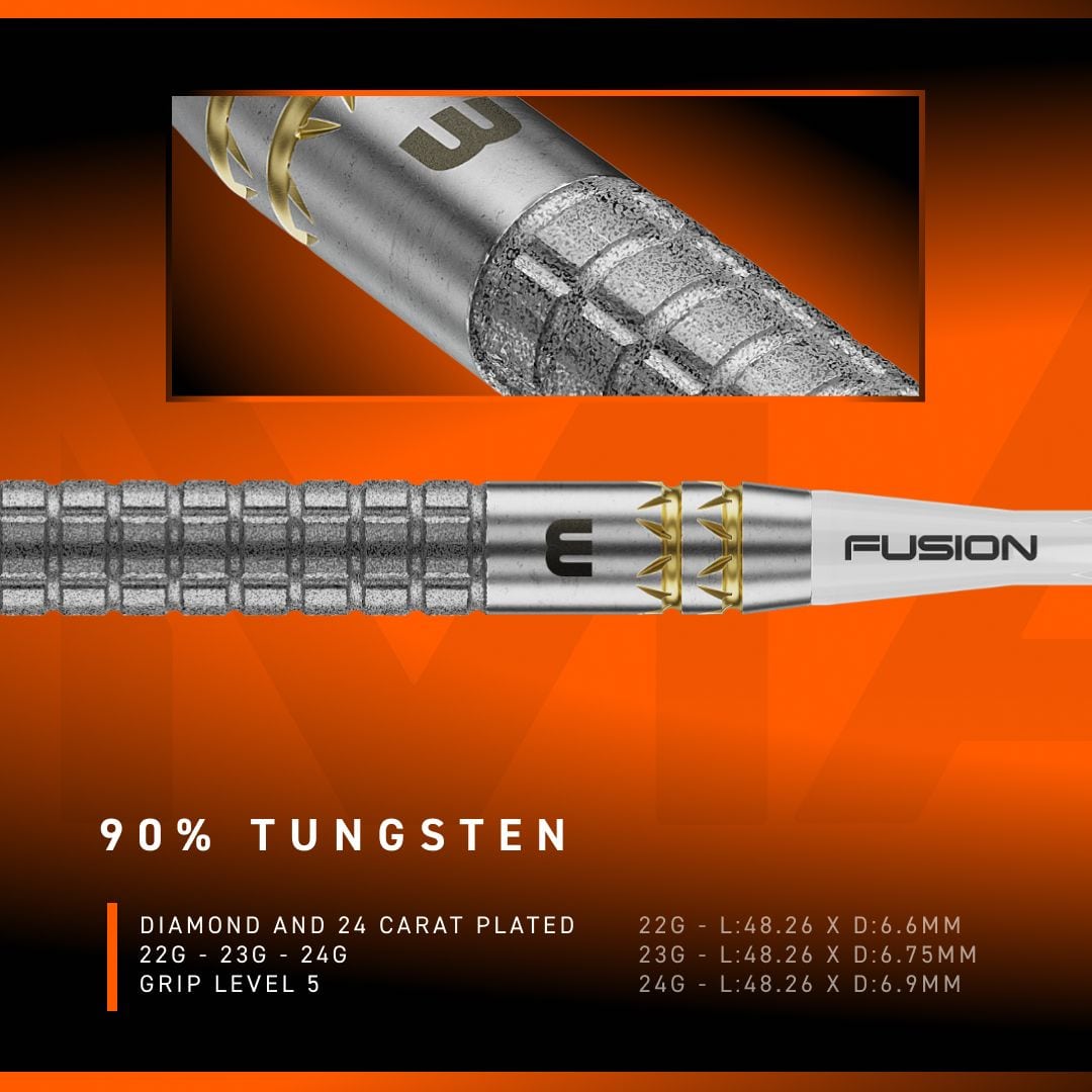 Šipky Winmau Gian Van Veen W-MAX Switch Point ocelové Die Abbildung zeigt die Winmau Gian Van Veen W-MAX Switch Point Steeldarts. Drei Darts liegen nebeneinander auf einer weißen Fläche.