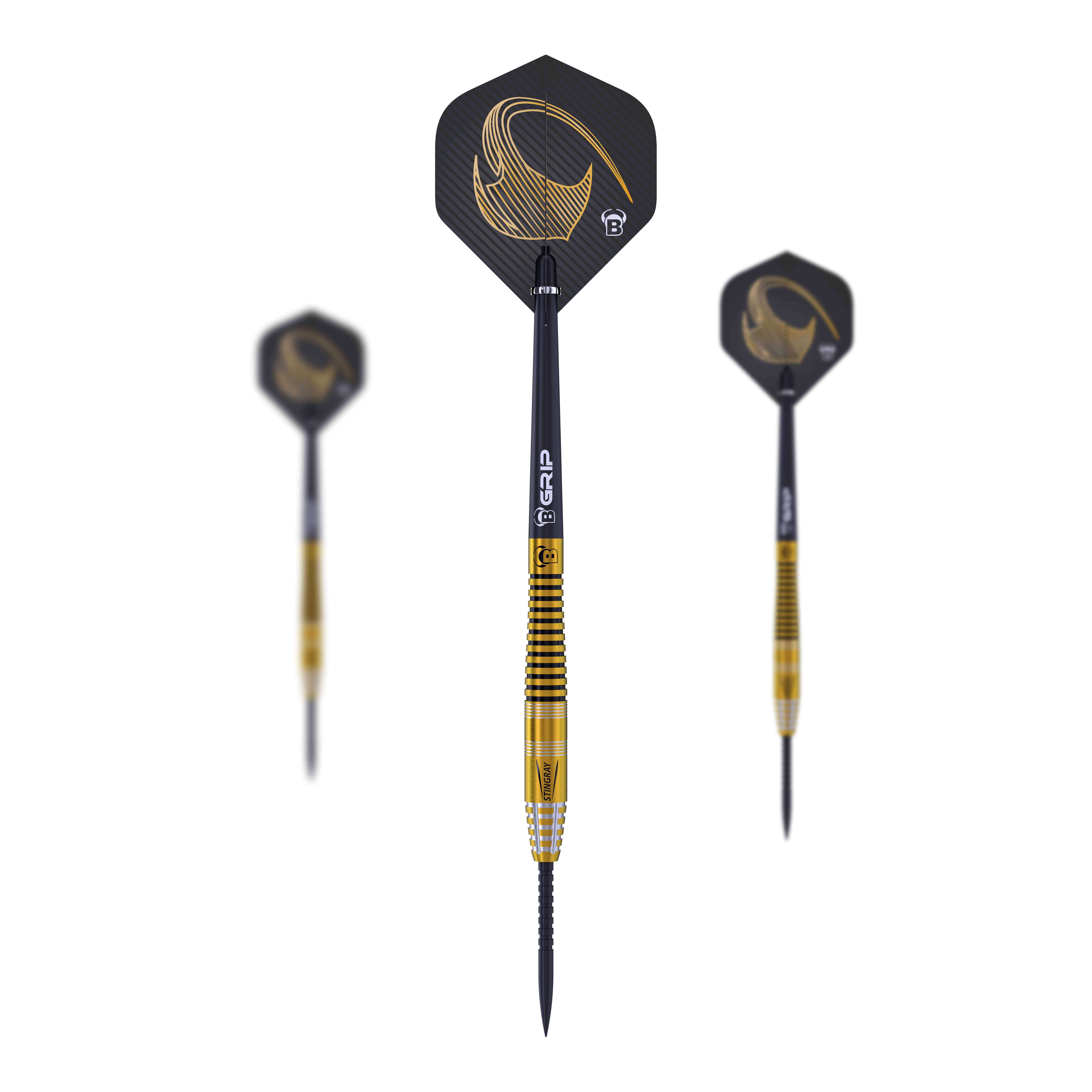 Bulls Stingray ST3 Steeldarts Das Bild zeigt drei Steeldarts des Modells "Bulls Stingray ST3". Die Darts haben ein schwarzes und goldenes Design mit geriffeltem Griffbereich.