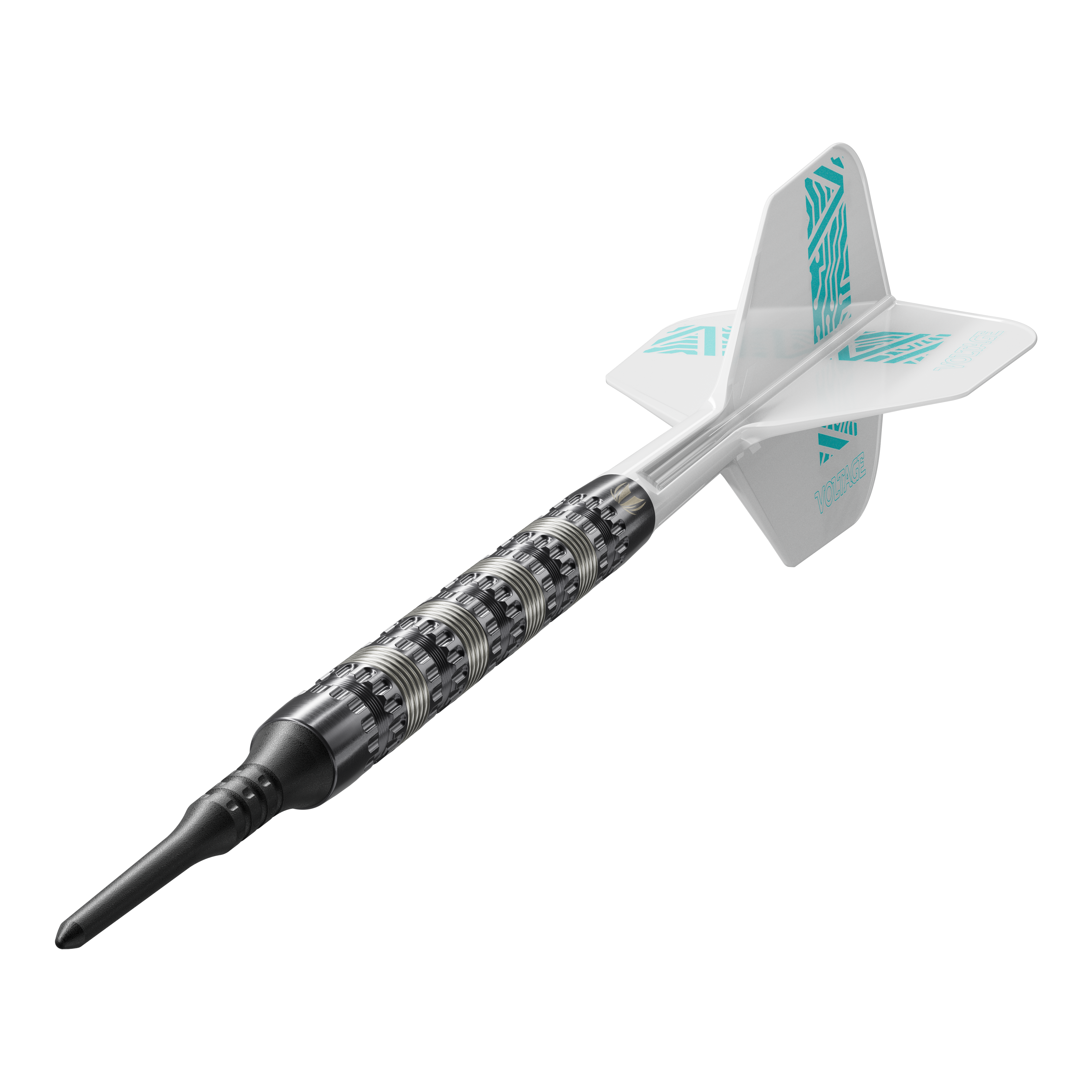 Šipky Target Rob Cross 95K Swiss Point Soft - 18g Auf dem Bild ist ein Target Rob Cross 95K Swiss Point Softdart mit 18g zu sehen. Der Dart hat einen strukturierten silbernen Barrel, eine schwarze Spitze und weiße Flights mit türkisfarbenen Akzenten.